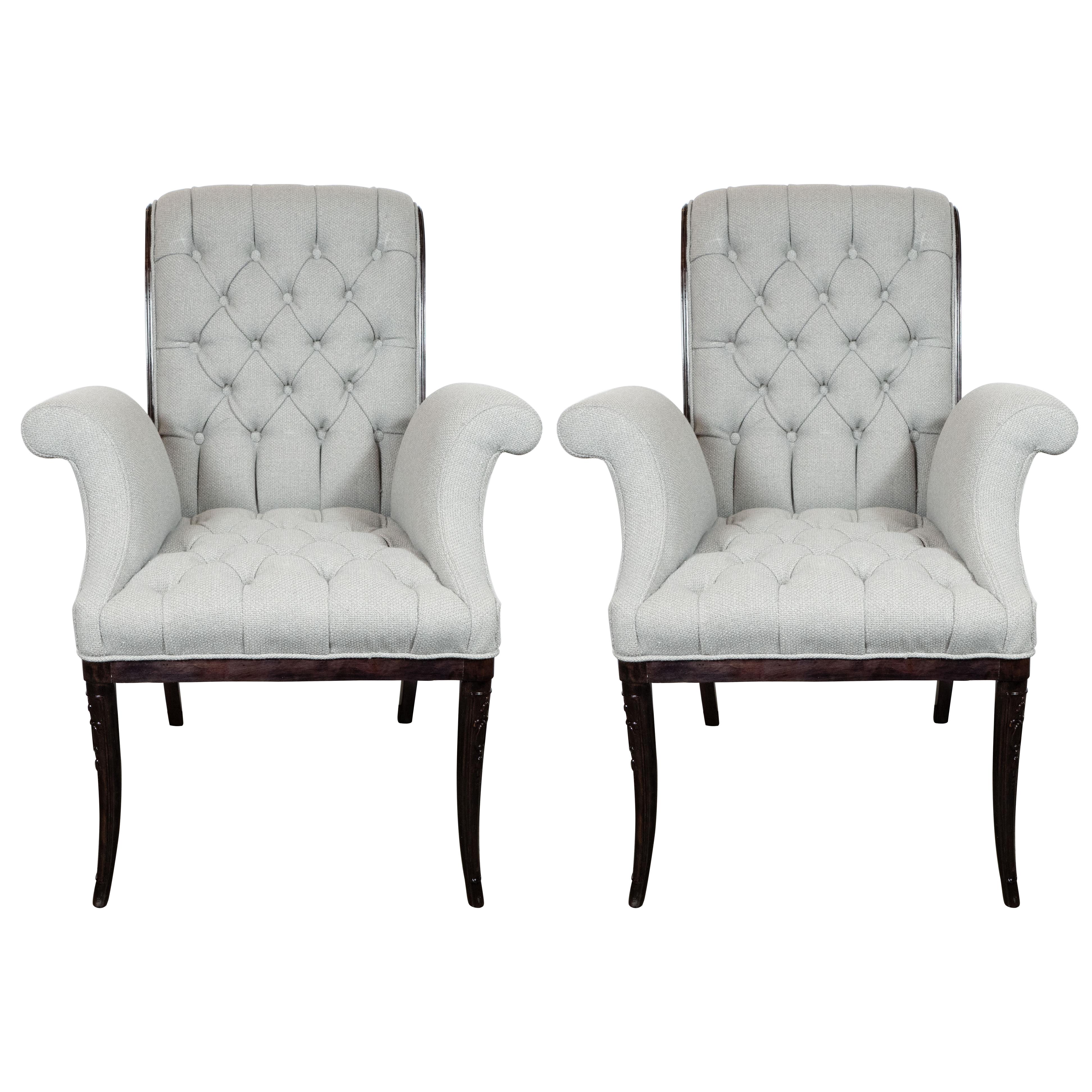 Pair of Hollywood Tufted Button Back Scroll Form Side Chairs by Grosfeld House For Sale