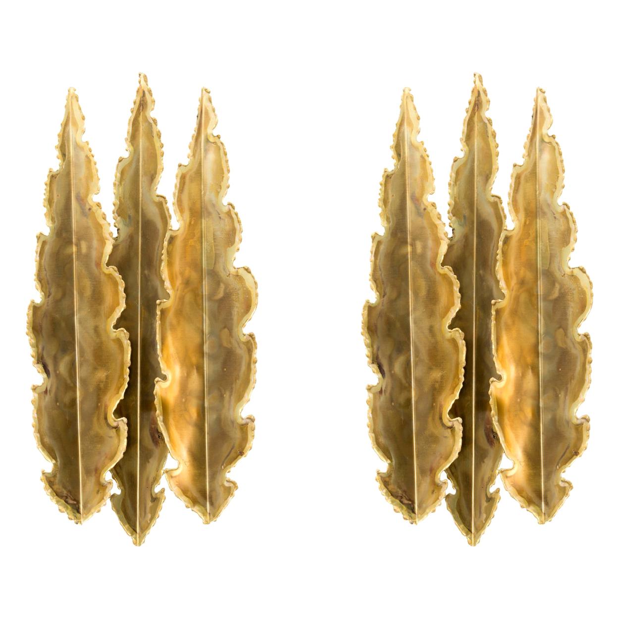 Pair of Holm Sorensen Torch Cut Brass Brutalist Wall Sconces with Two Fittings