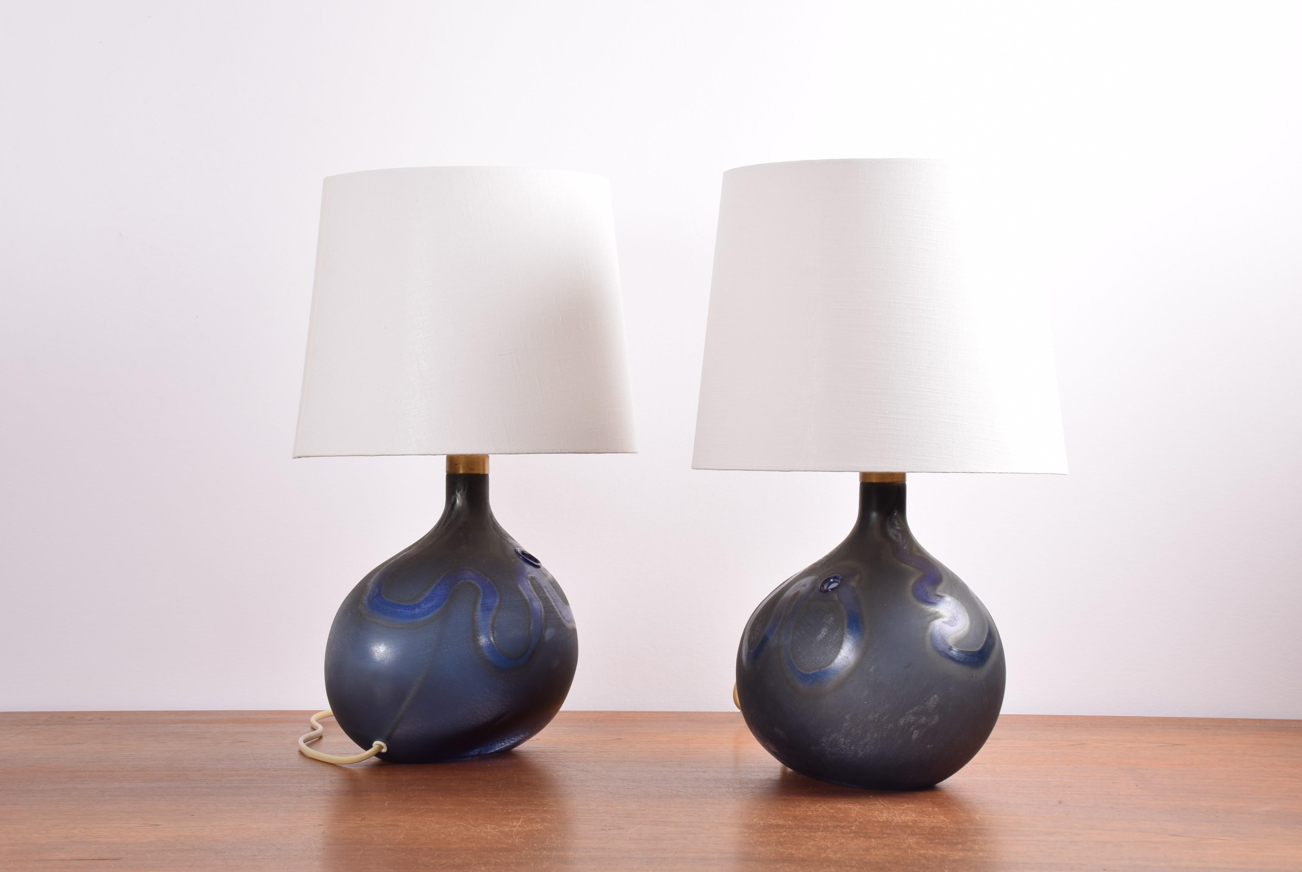 Mid-Century Modern Pair of Holmegaard Blue Sculptural Glass Table Lamps Medium, Danish Modern 1970s For Sale