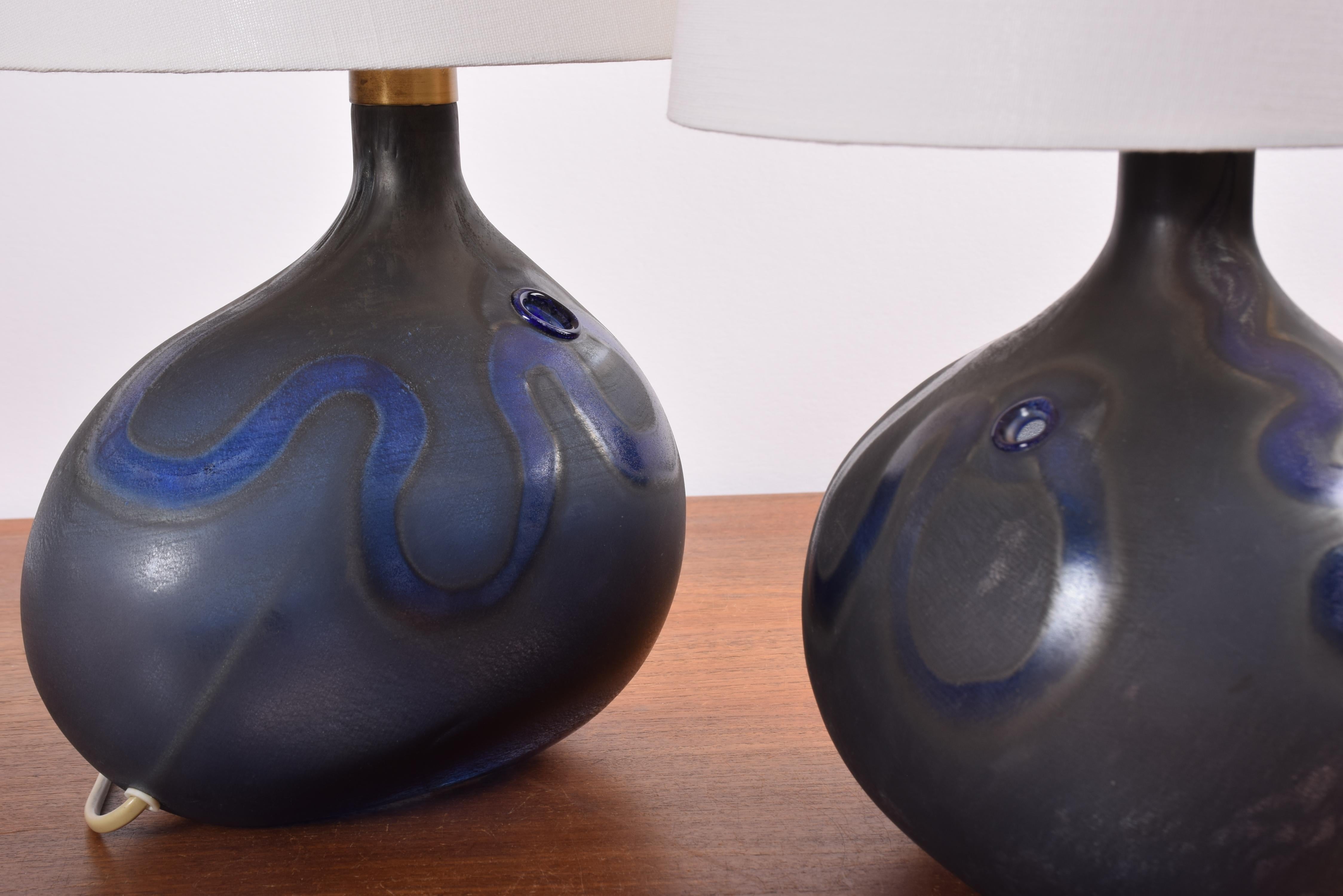Late 20th Century Pair of Holmegaard Blue Sculptural Glass Table Lamps Medium, Danish Modern 1970s For Sale