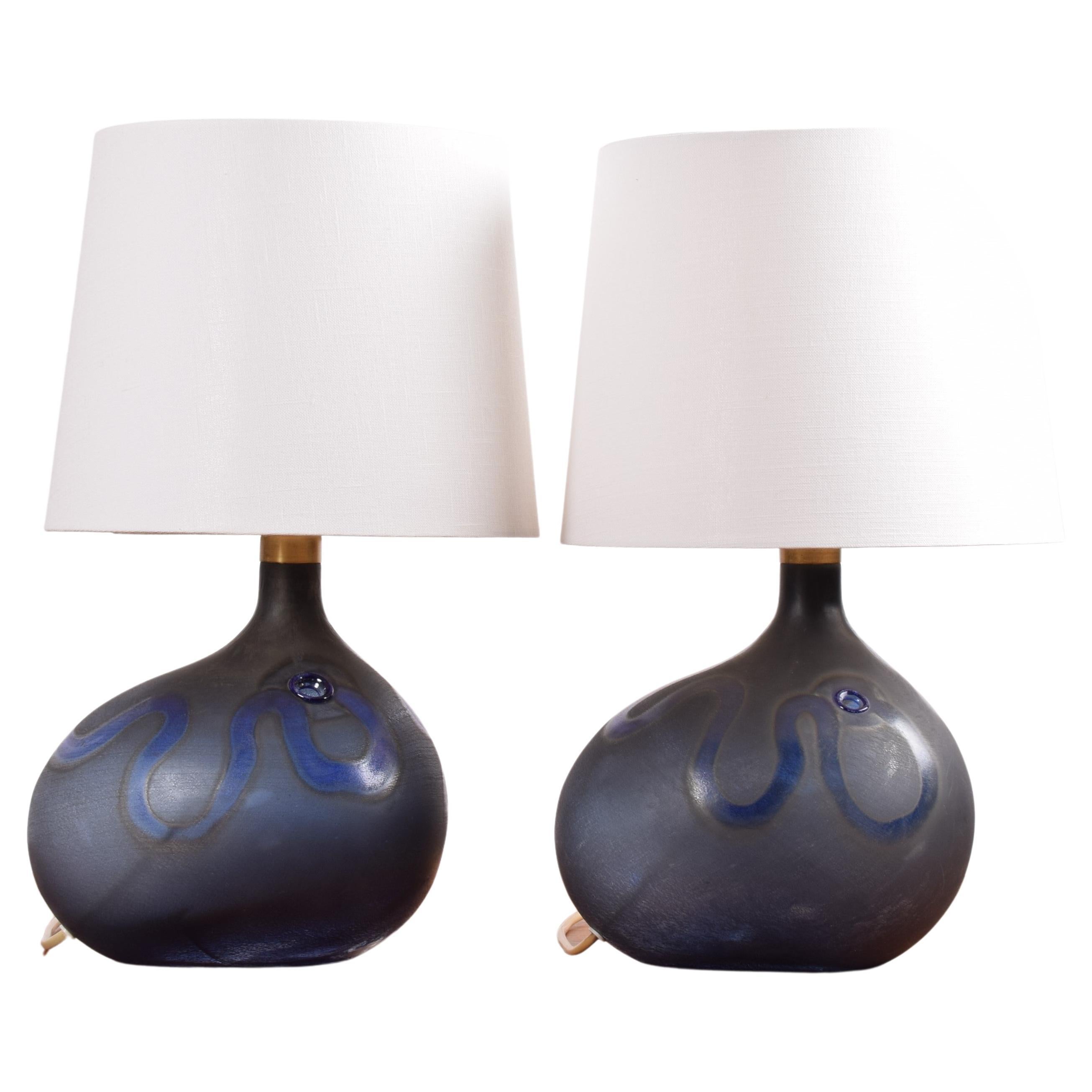 Pair of Holmegaard Blue Sculptural Glass Table Lamps Medium, Danish Modern 1970s For Sale