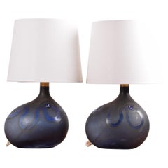 Pair of Holmegaard Blue Sculptural Glass Table Lamps Medium, Danish Modern 1970s