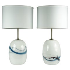 Pair of Holmegaard Lamps Sakura white/blue Design Michael Bang, 1984, Denmark