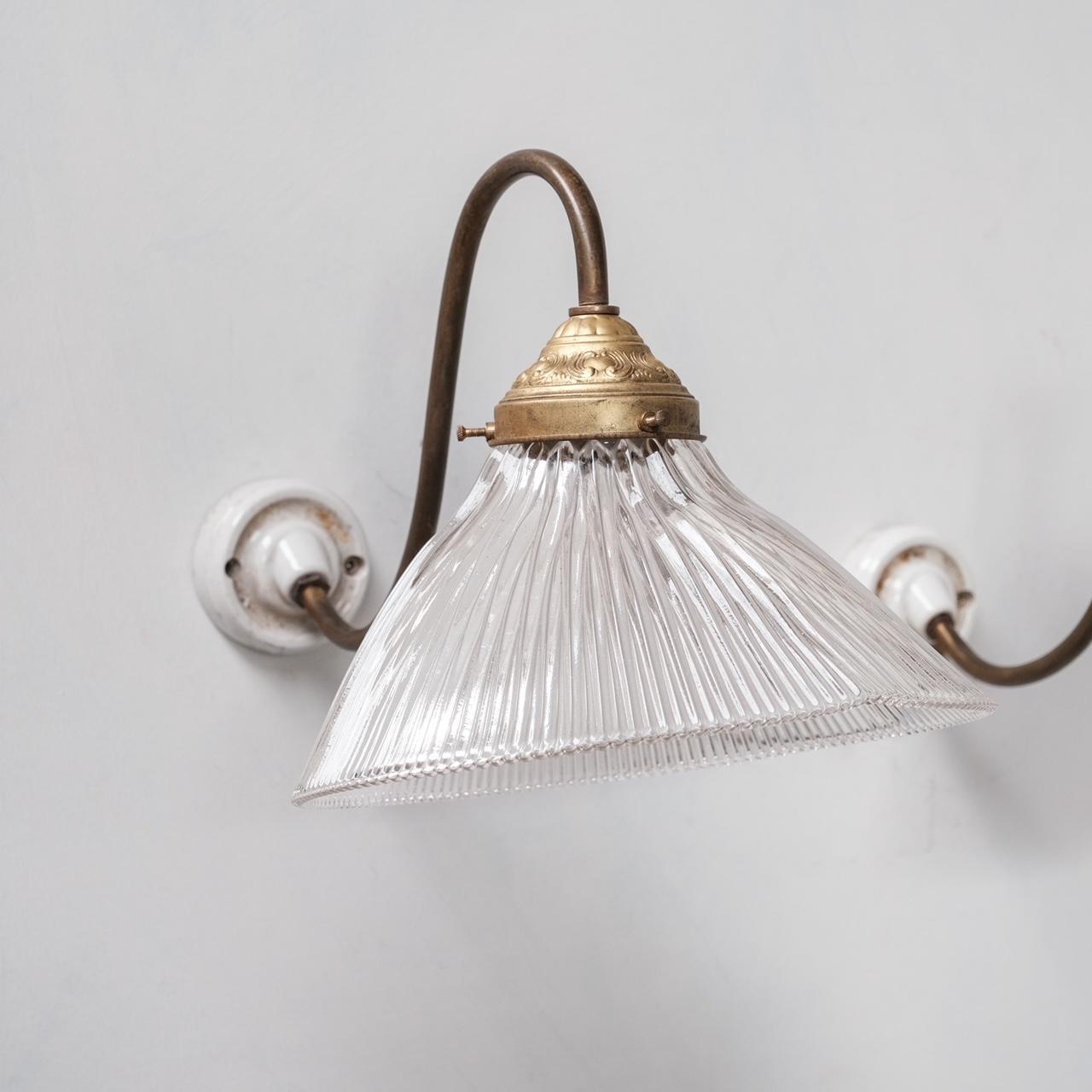 Pair of Holophane Glass and Brass French Wall Lights In Good Condition In London, GB