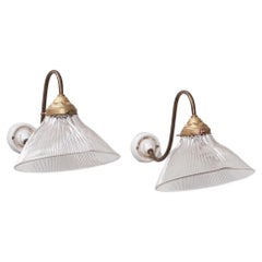 Pair of Holophane Glass and Brass French Wall Lights