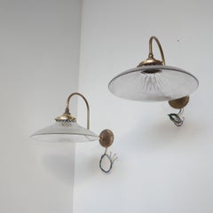 Pair of Holophane Glass and Brass Swan Neck Wall Lights