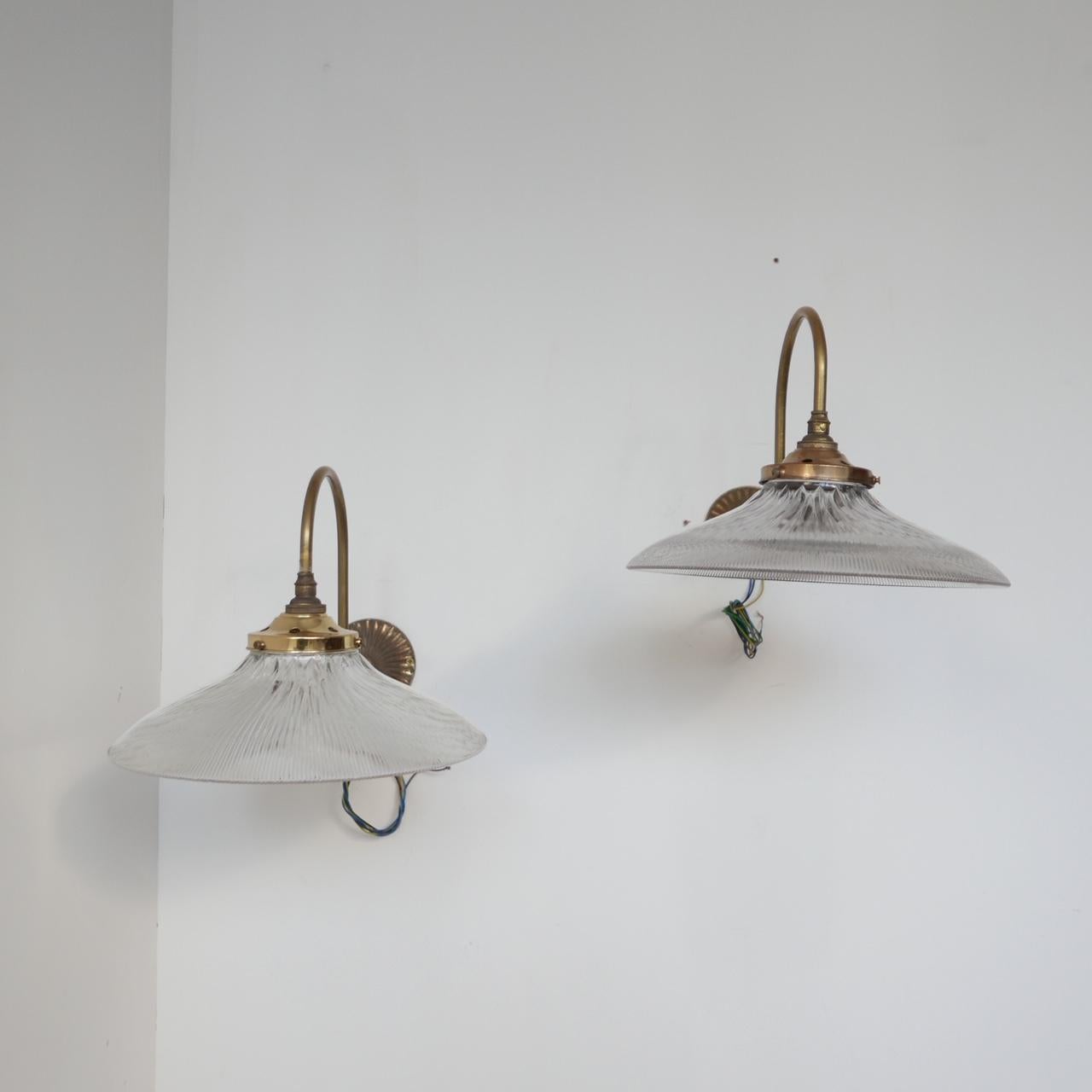Mid-Century Modern Pair of Holophane Glass and Brass Swan Neck Wall Lights