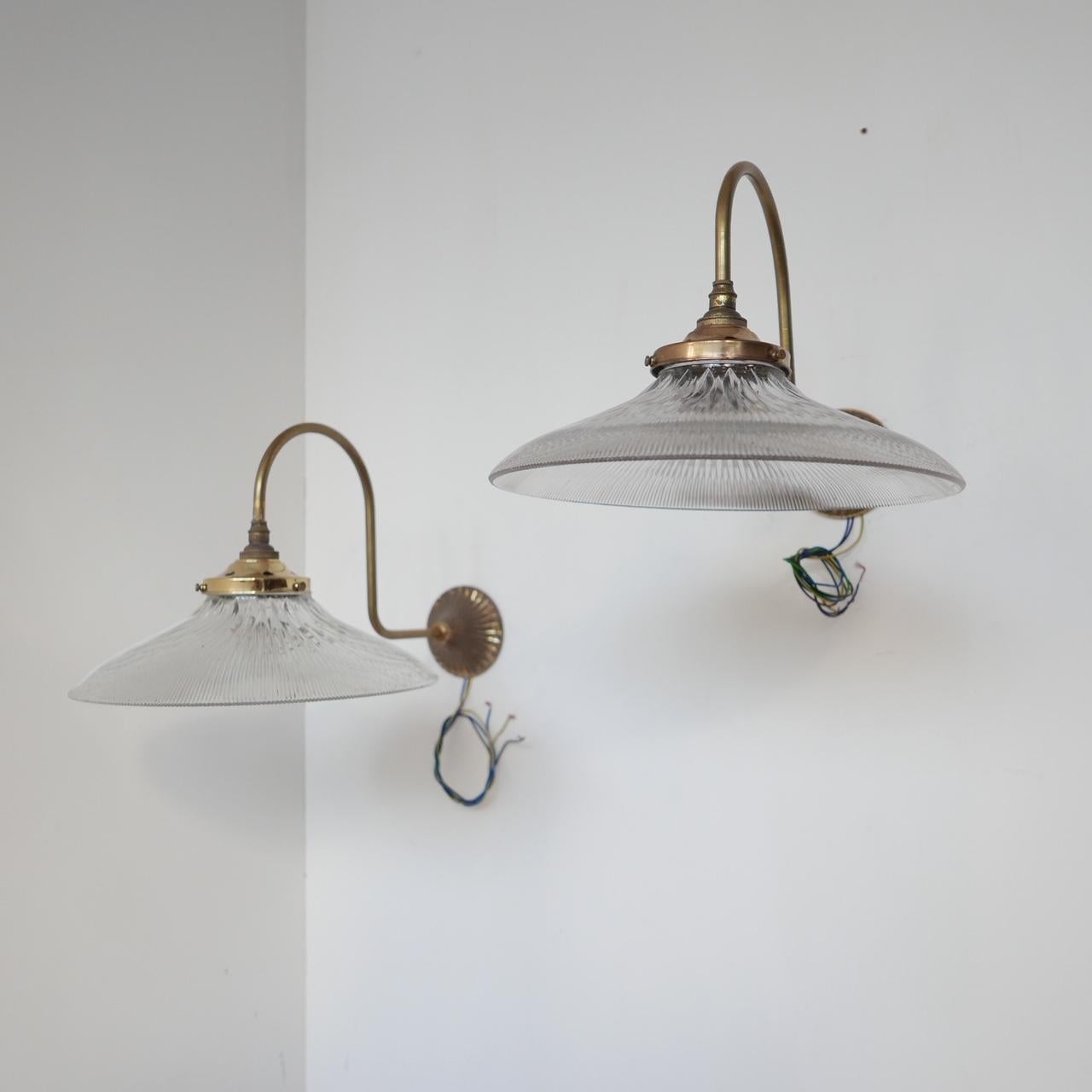 Pair of Holophane Glass and Brass Swan Neck Wall Lights In Good Condition In London, GB