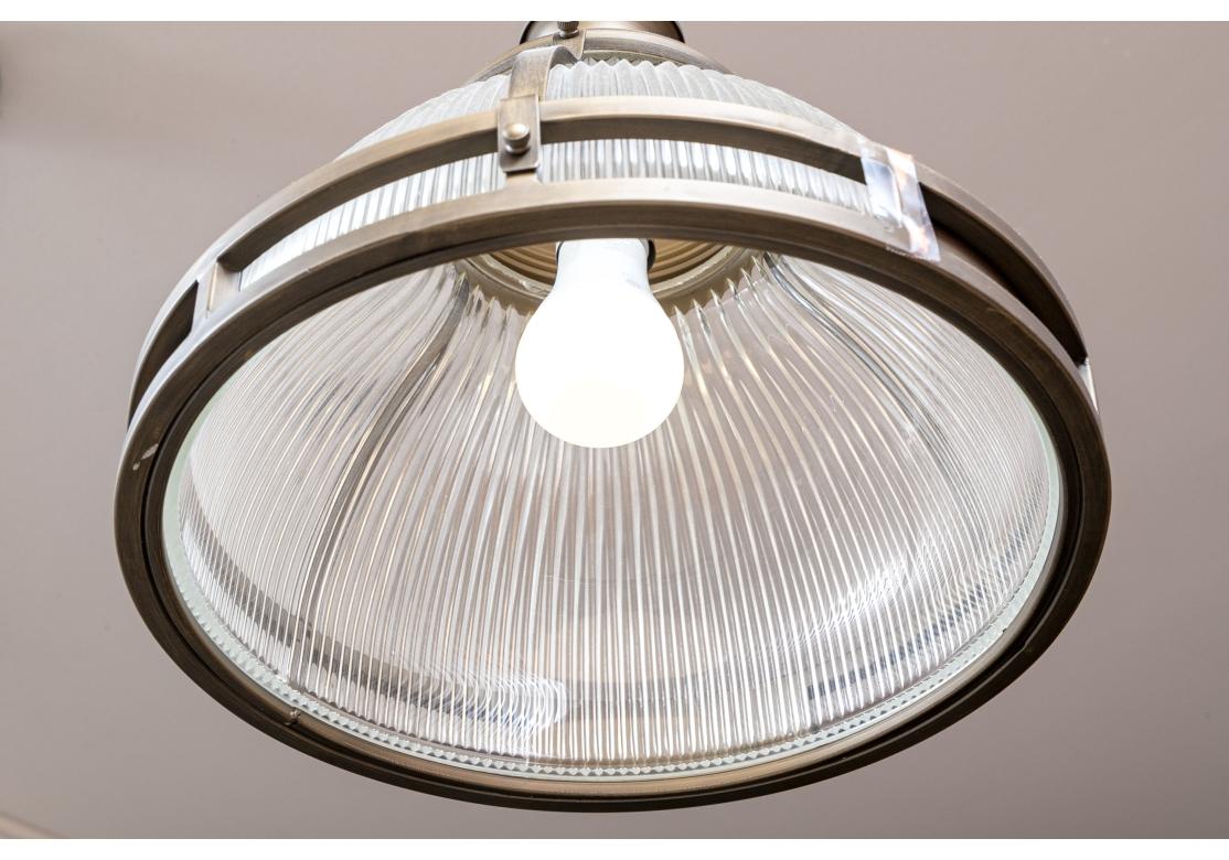 Industrial Pair Of Holophane Glass Pendant Lights For Sale