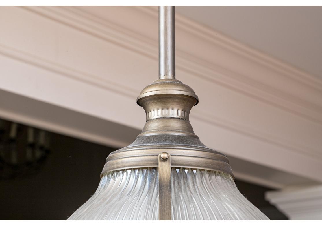 Pair Of Holophane Glass Pendant Lights In Fair Condition For Sale In Bridgeport, CT