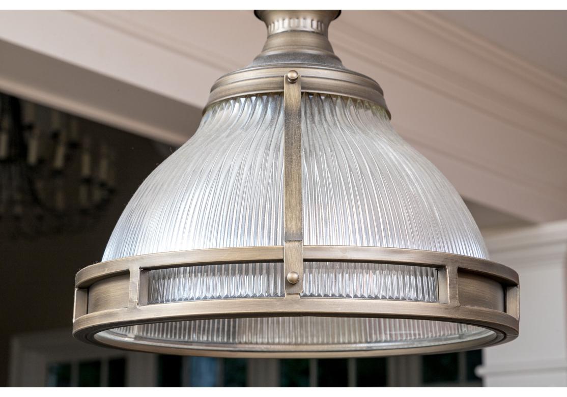 20th Century Pair Of Holophane Glass Pendant Lights For Sale