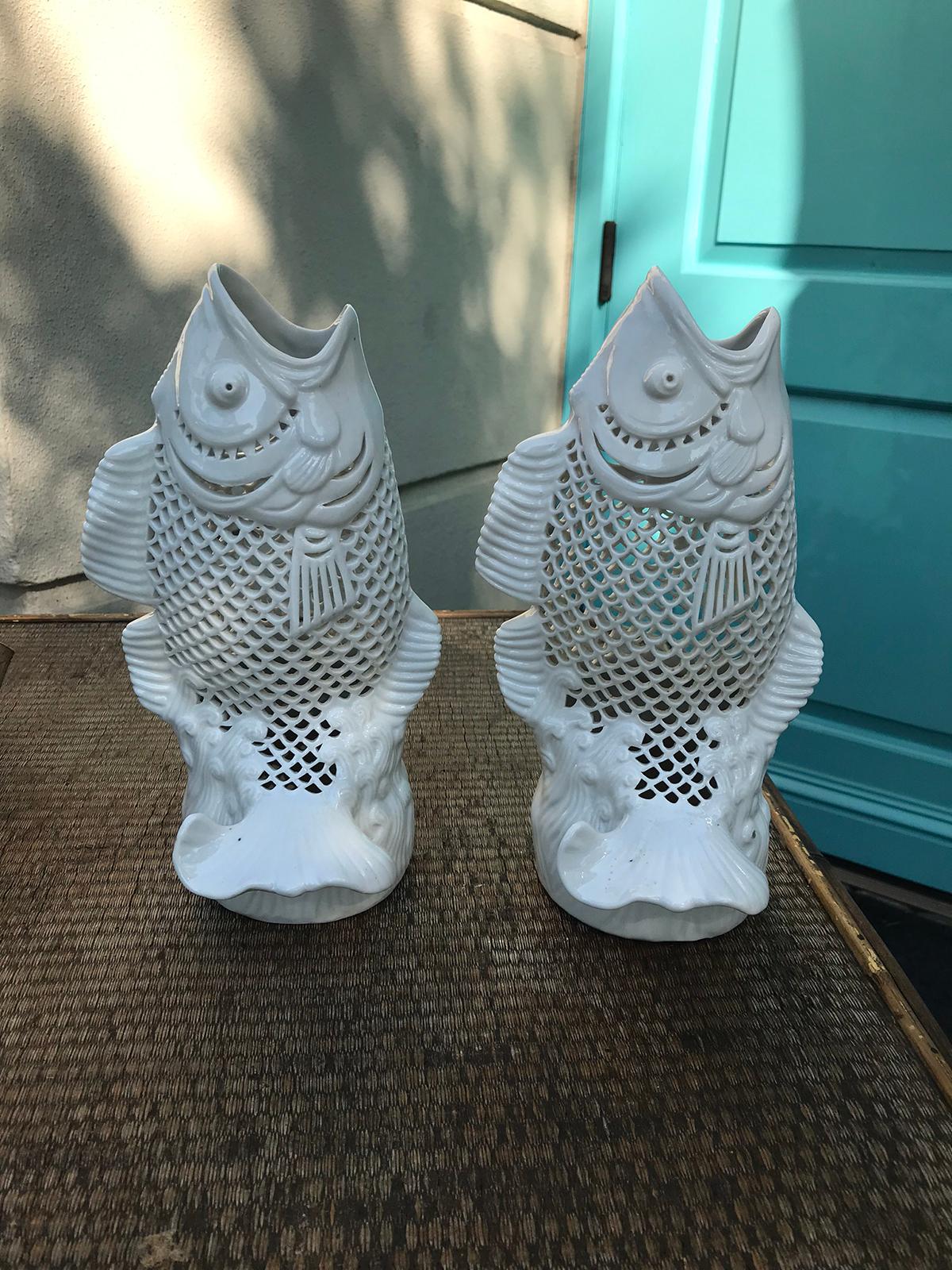 Pair of Hong Kong White Porcelain Reticulated Fish, circa 1970s-1980s, Marked In Good Condition In Atlanta, GA