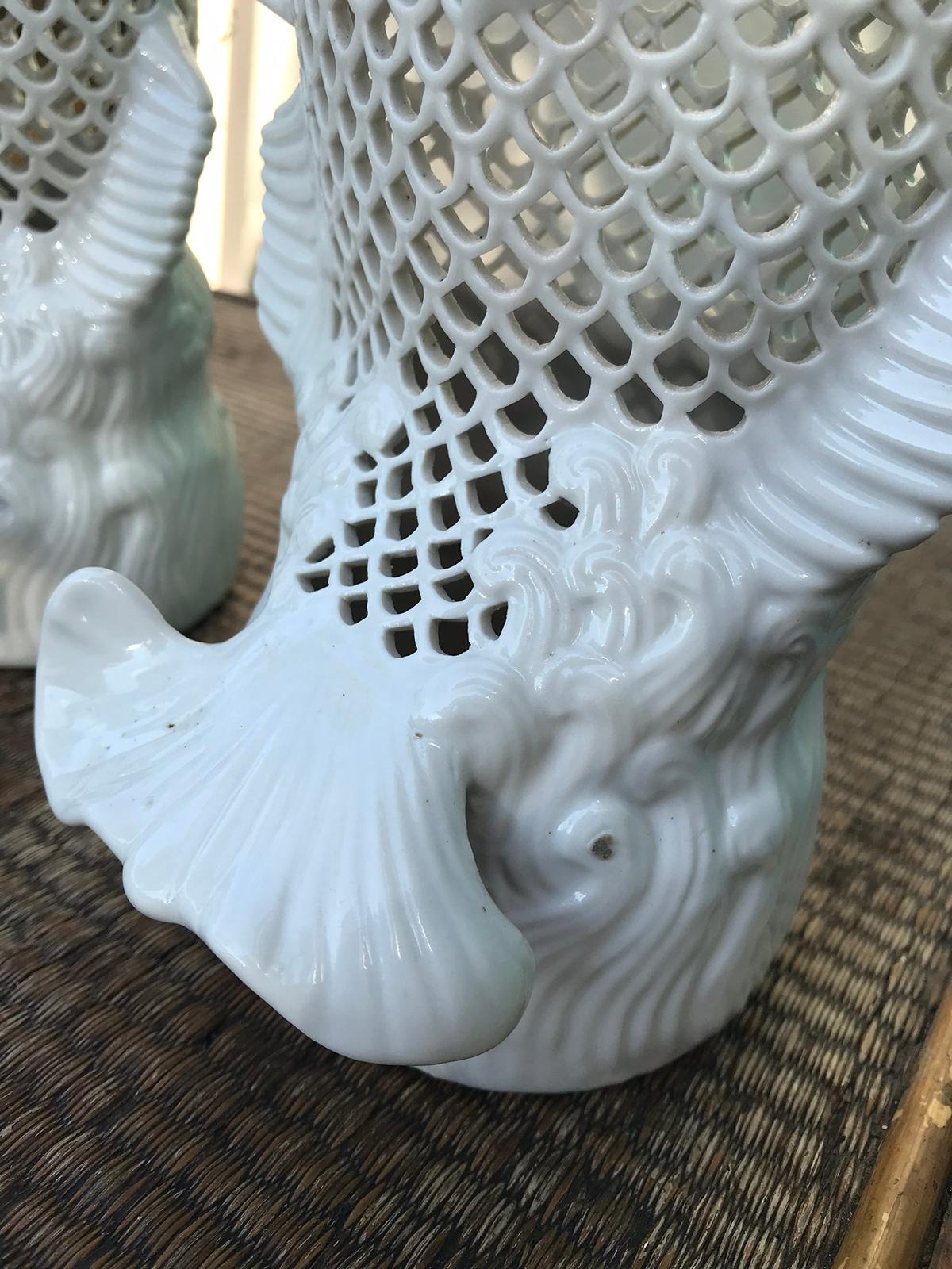 Pair of Hong Kong White Porcelain Reticulated Fish, circa 1970s-1980s, Marked 5