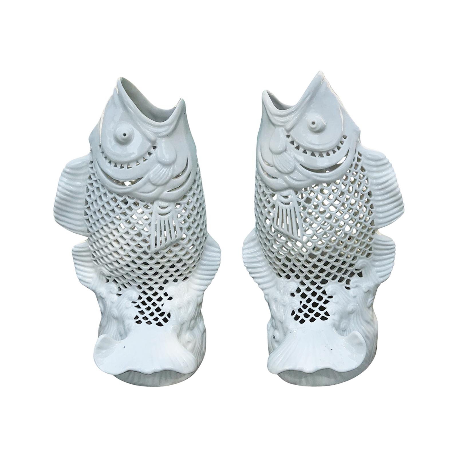 Pair of Hong Kong White Porcelain Reticulated Fish, circa 1970s-1980s, Marked