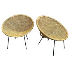 Pair of Hoop Chairs in Wicker with Metal Frame Atomic Age