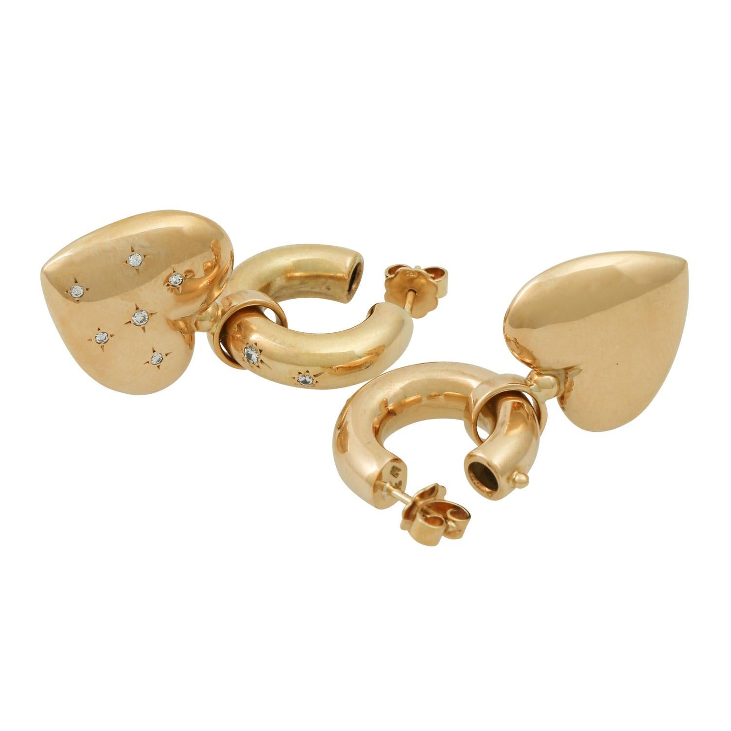 Brilliant Cut Pair of Hoop Earrings with Heart Hangers, 18 Diamonds For Sale