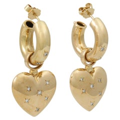 Pair of Hoop Earrings with Heart Hangers, 18 Diamonds