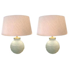 Frosted Blue Glass Horizontal Rib Pair of Lamps, Romania, Contemporary