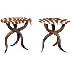 Pair of Horn Side Tables with Round Zebra Hide Tops from the 20th Century