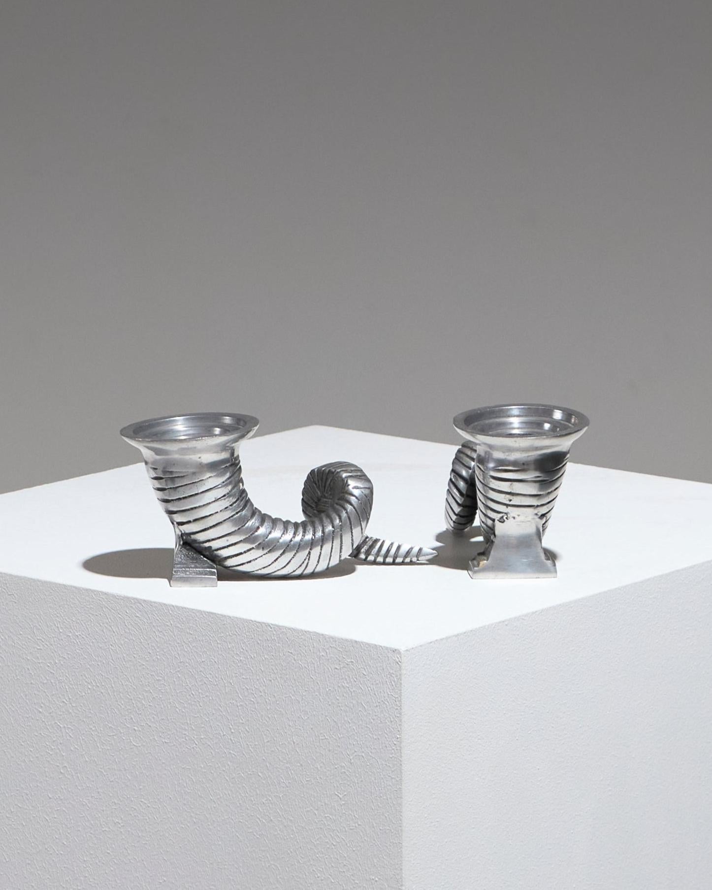 Mid-Century Modern Pair of Horn Silver-Plated Candlesticks, 1960s For Sale