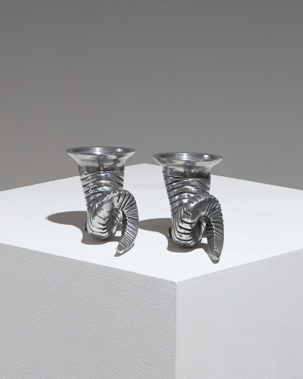 Pair of Horn Silver-Plated Candlesticks, 1960s In Good Condition For Sale In PARIS, FR