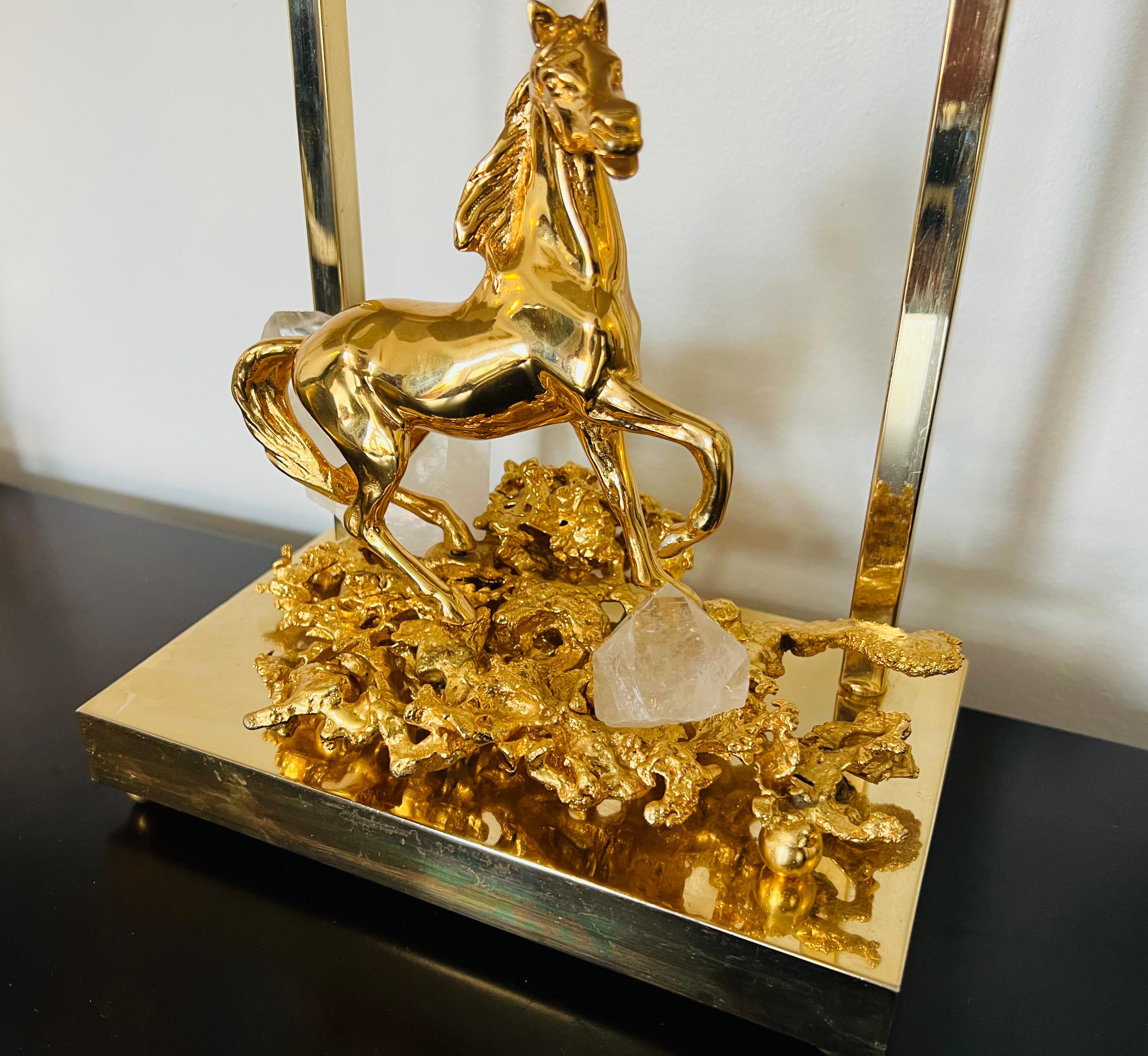 Pair of Horse Claude Victor Boeltz 1980 Gold Bronze Crystal French Table Lamps For Sale 10