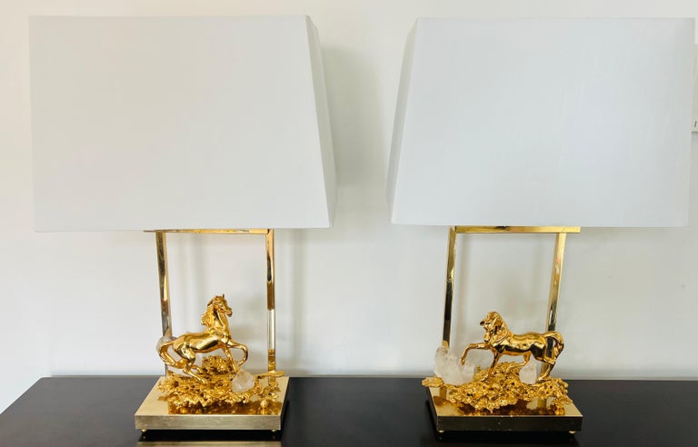 Pair of Horse Claude Victor Boeltz 1980 Gold Bronze Crystal French Table Lamps For Sale 12