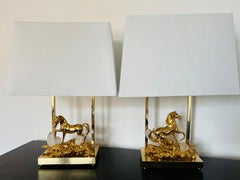Pair of Horse Claude Victor Boeltz 1980 Gold Bronze Crystal French Table Lamps