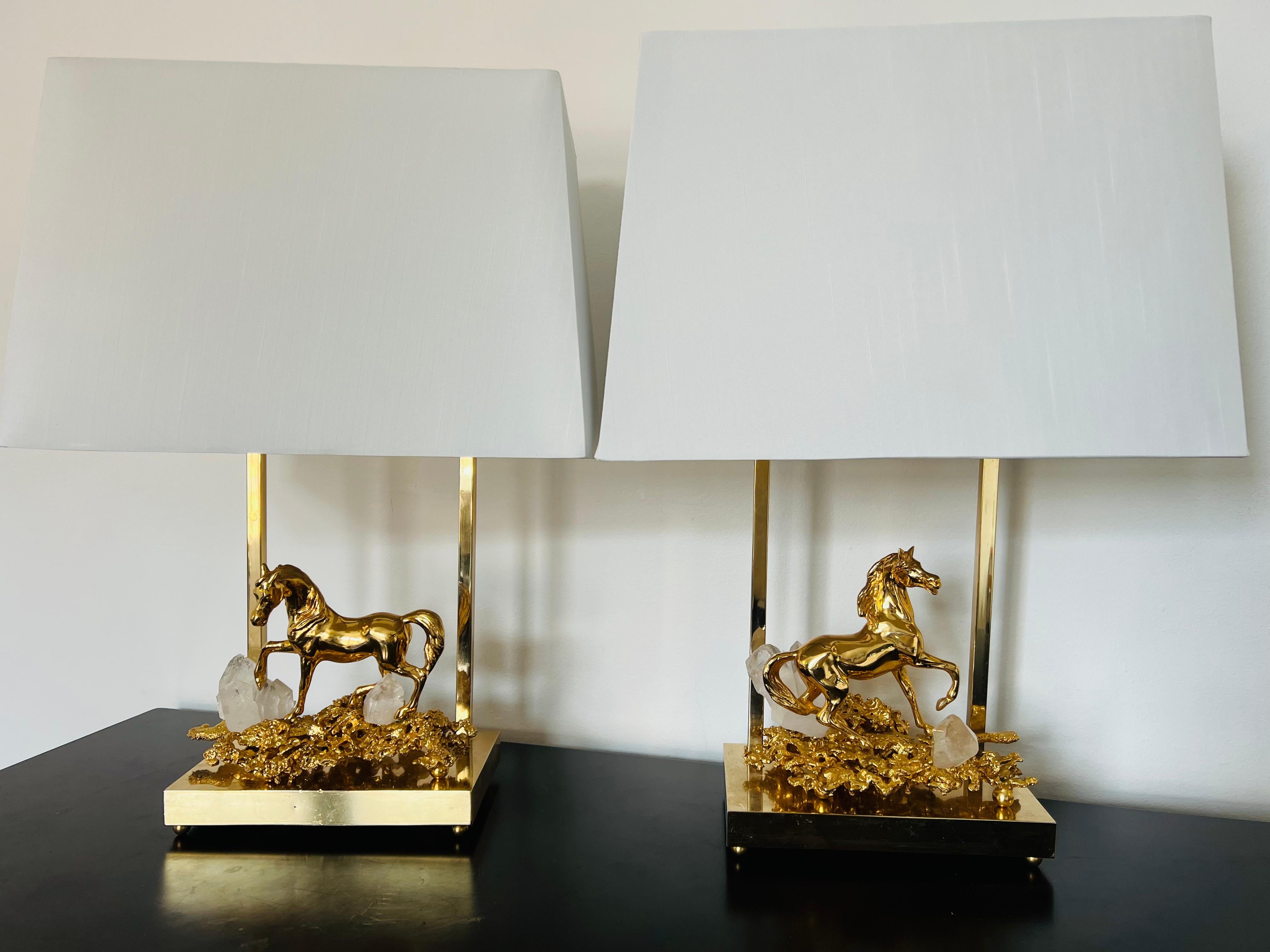 Pair of Horse Claude Victor Boeltz 1980 Gold Bronze Crystal French Table Lamps For Sale 15