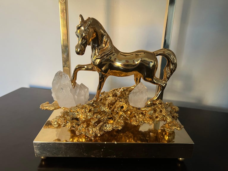 Post-Modern Pair of Horse Claude Victor Boeltz 1980 Gold Bronze Crystal French Table Lamps For Sale