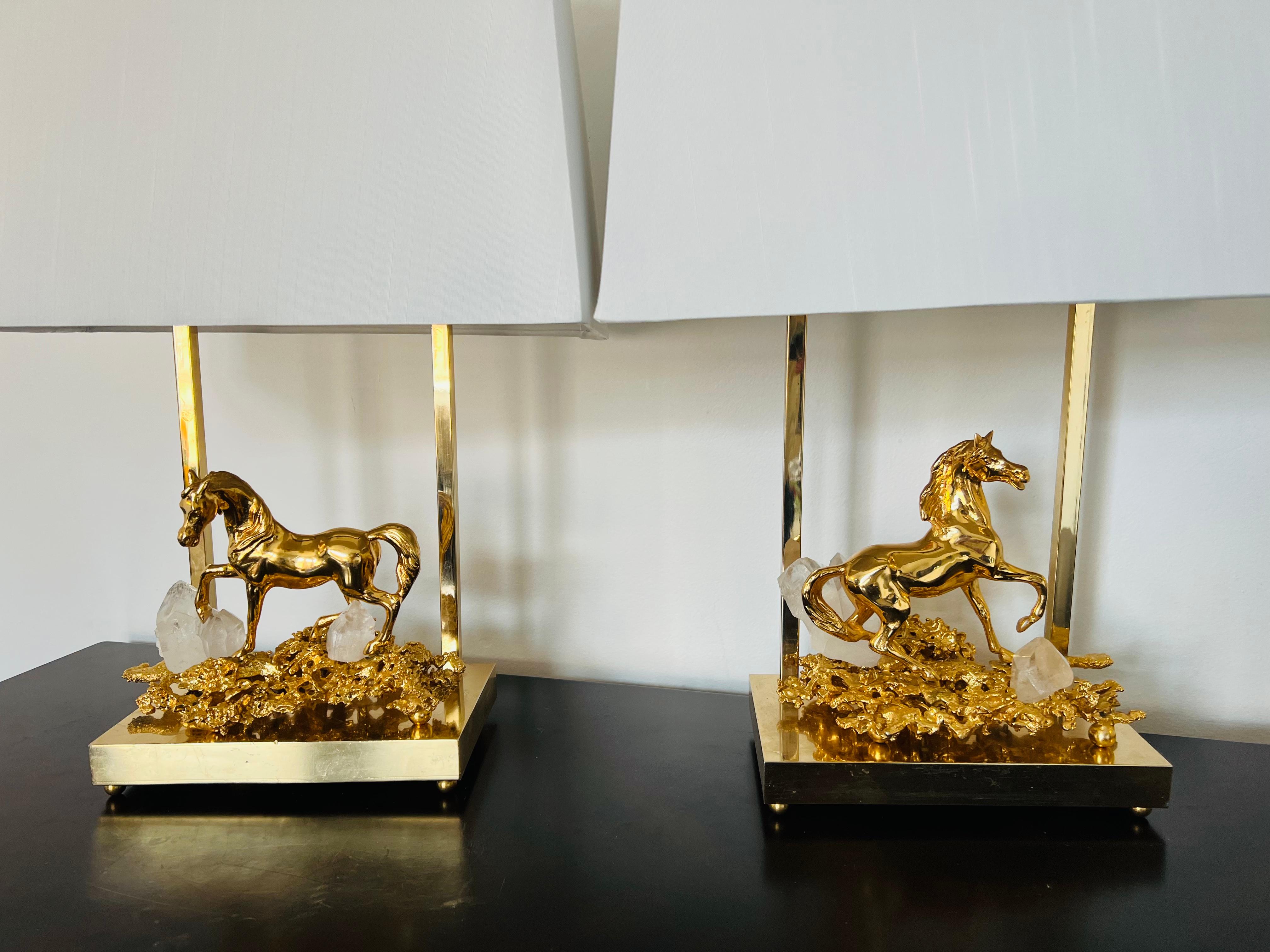 Late 20th Century Pair of Horse Claude Victor Boeltz 1980 Gold Bronze Crystal French Table Lamps For Sale
