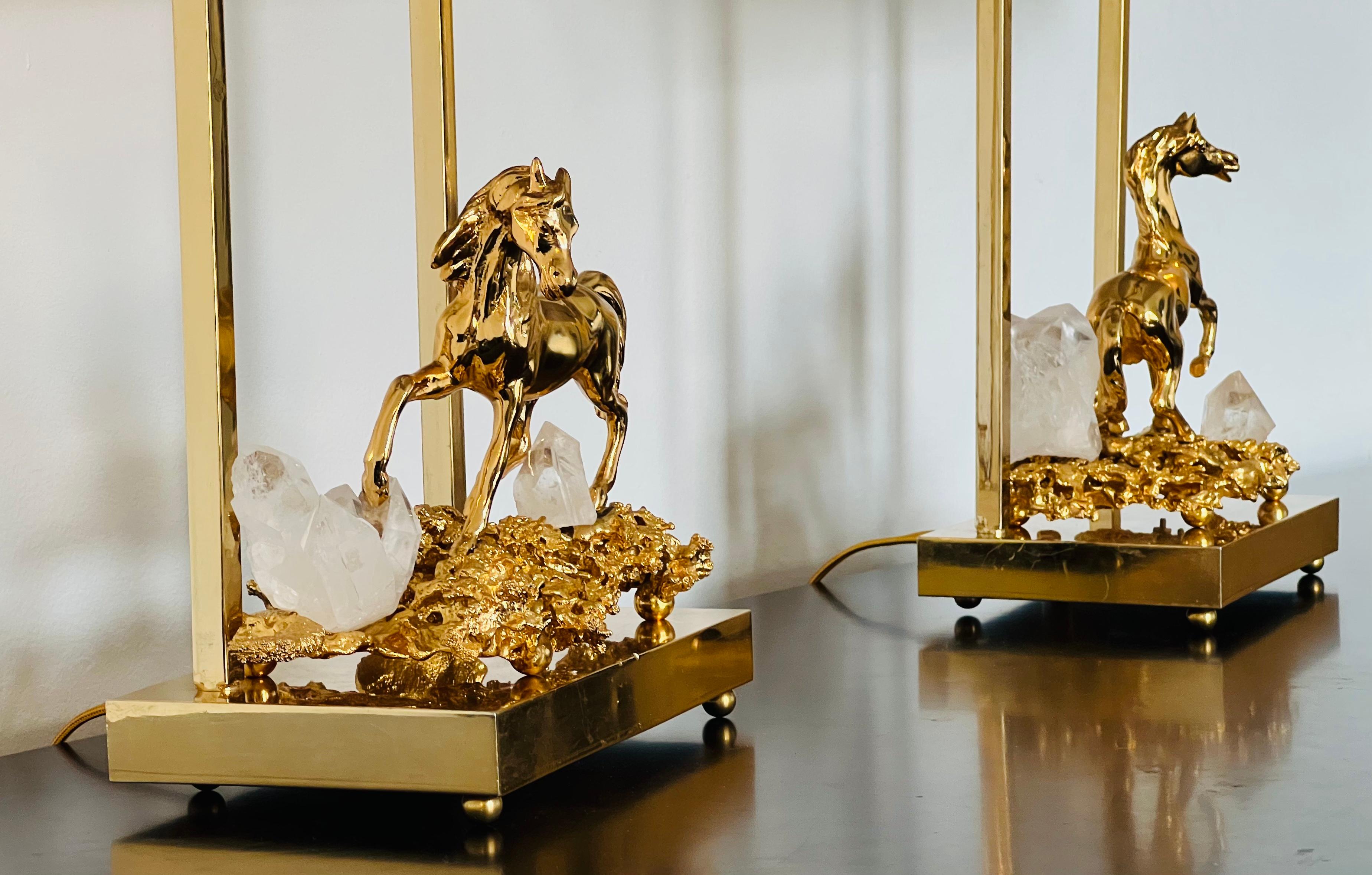 Pair of Horse Claude Victor Boeltz 1980 Gold Bronze Crystal French Table Lamps For Sale 1