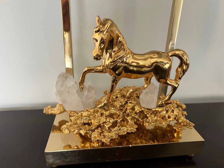 Pair of Horse Claude Victor Boeltz 1980 Gold Bronze Crystal French Table Lamps For Sale 2