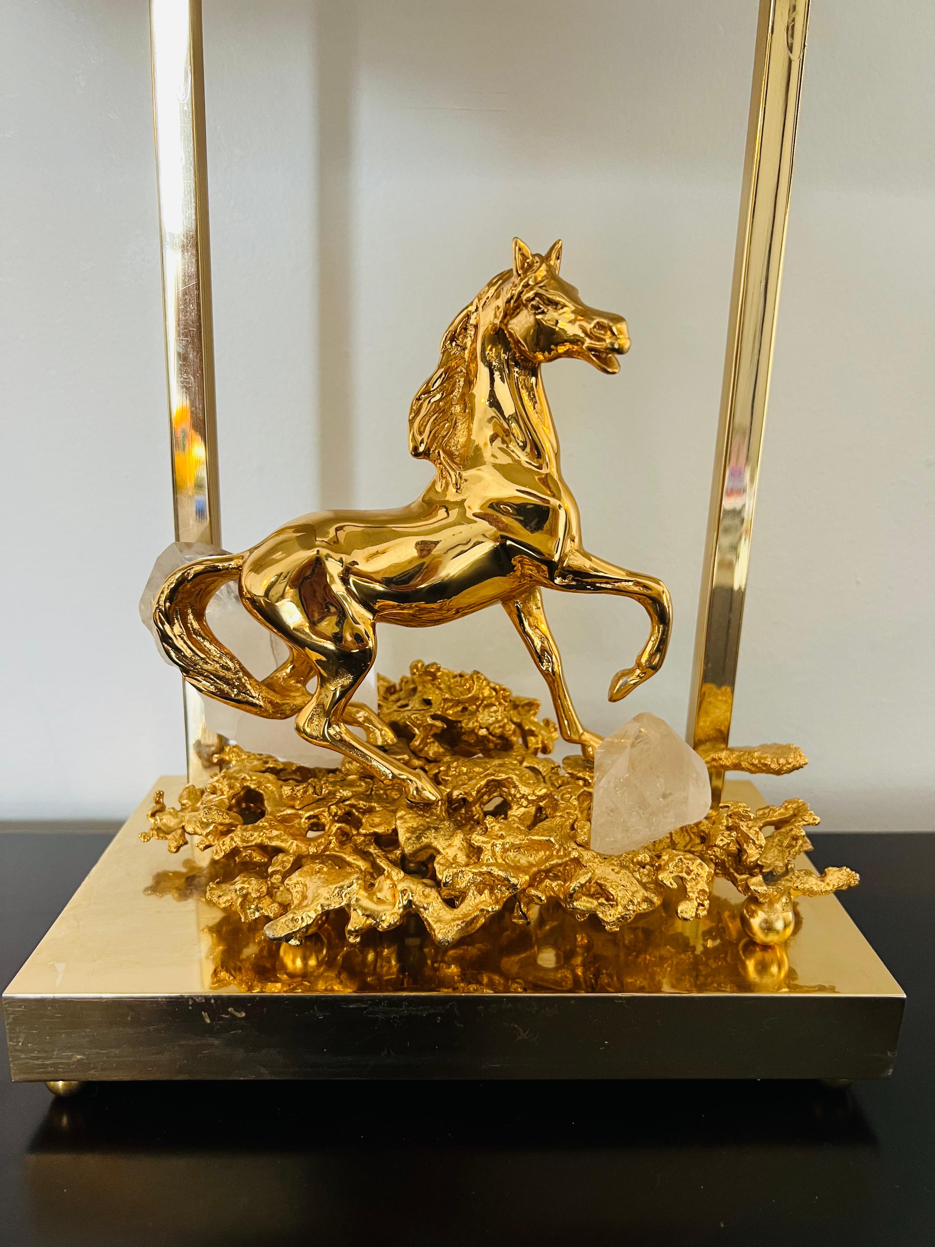 Pair of Horse Claude Victor Boeltz 1980 Gold Bronze Crystal French Table Lamps For Sale 4