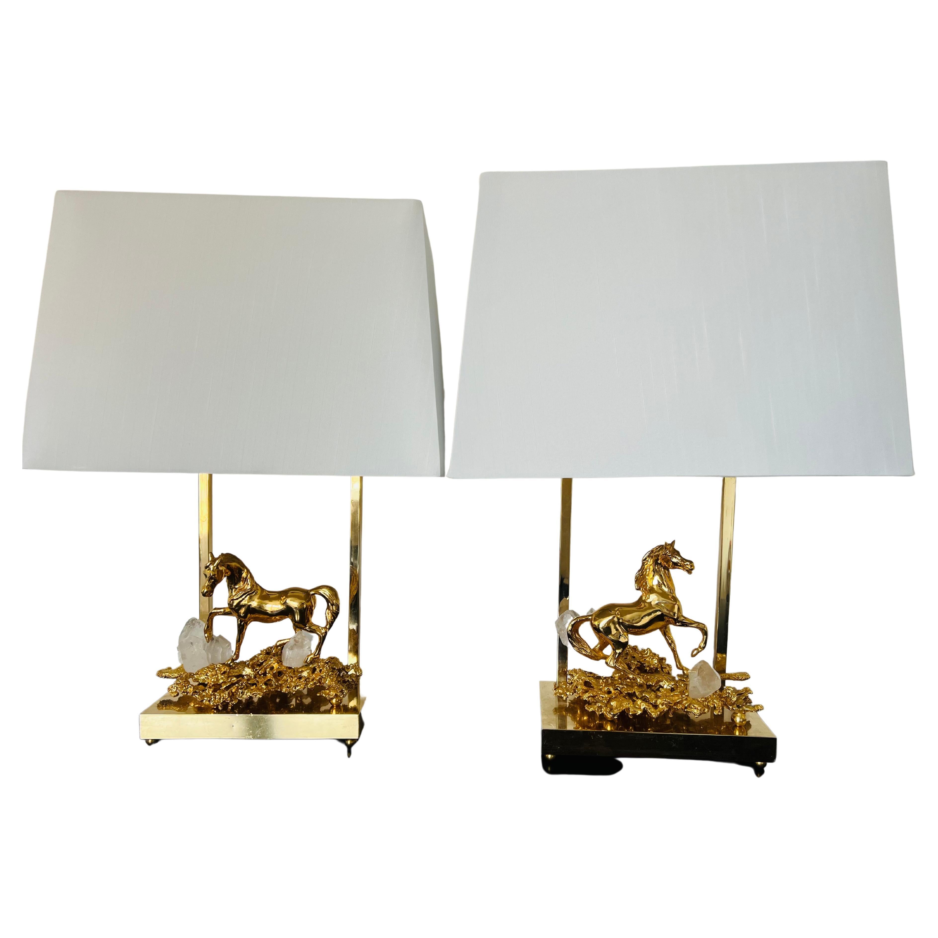 Pair of Horse Claude Victor Boeltz 1980 Gold Bronze Crystal French Table Lamps