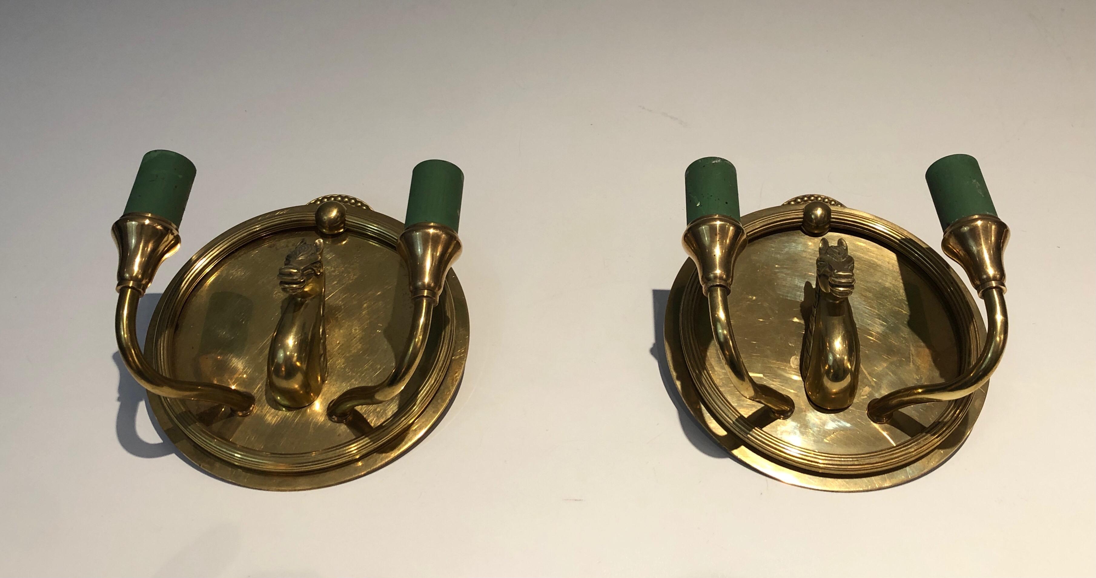 Mid-Century Modern Pair of Horse Heads Bronze Wall Sconces in the Style of Maison Charles For Sale