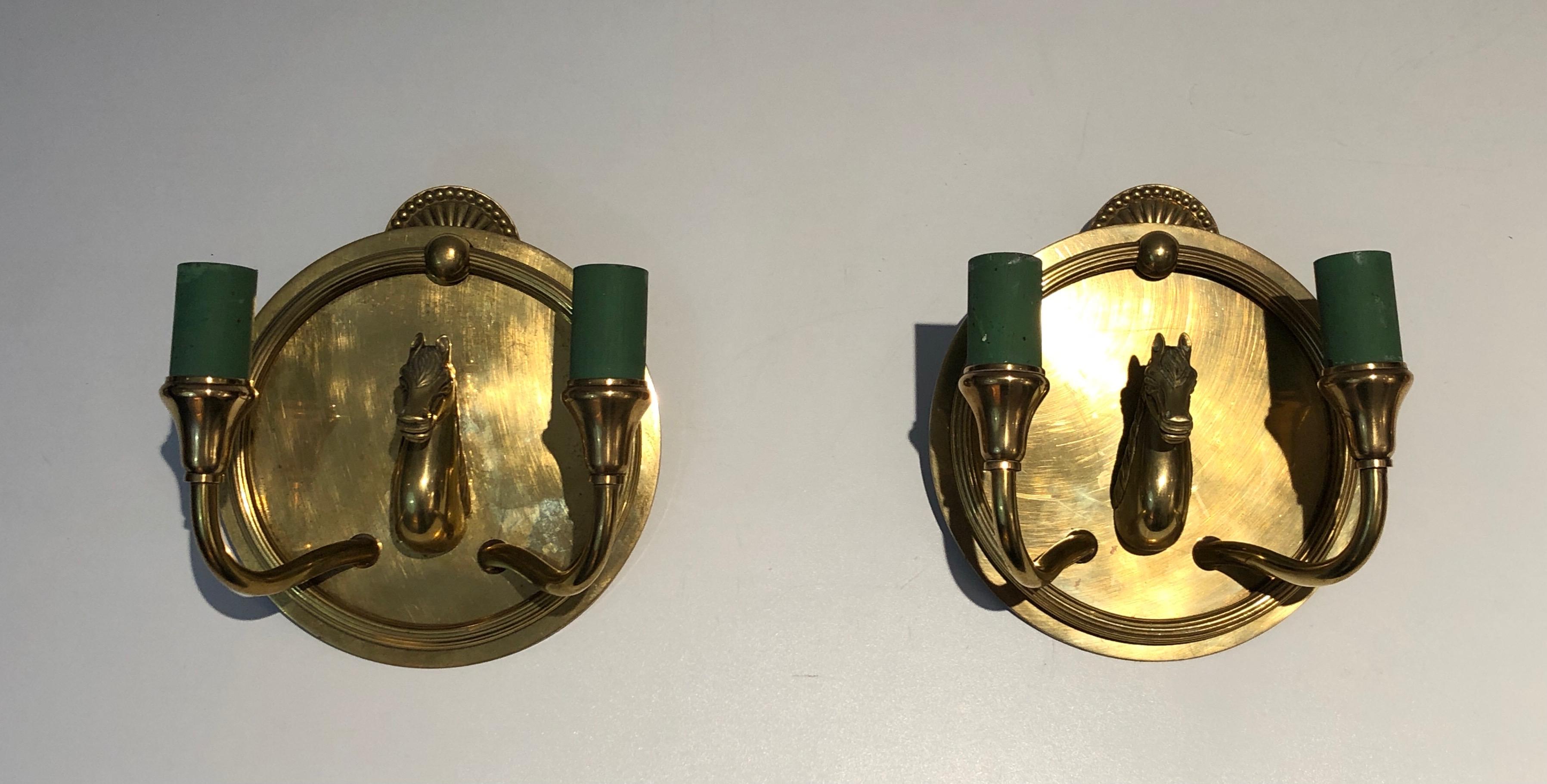 French Pair of Horse Heads Bronze Wall Sconces in the Style of Maison Charles For Sale