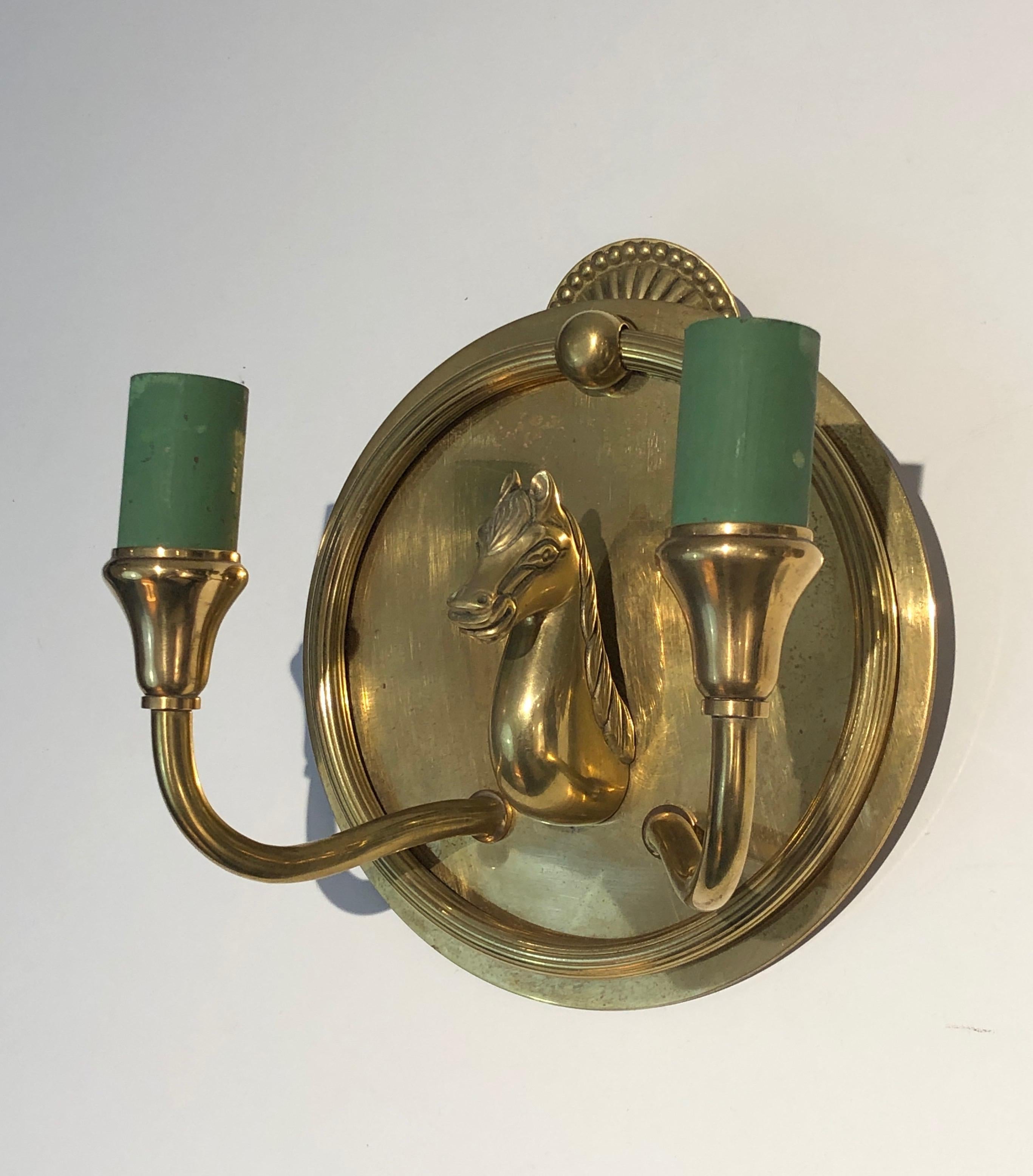 Pair of Horse Heads Bronze Wall Sconces in the Style of Maison Charles In Good Condition For Sale In Marcq-en-Barœul, Hauts-de-France