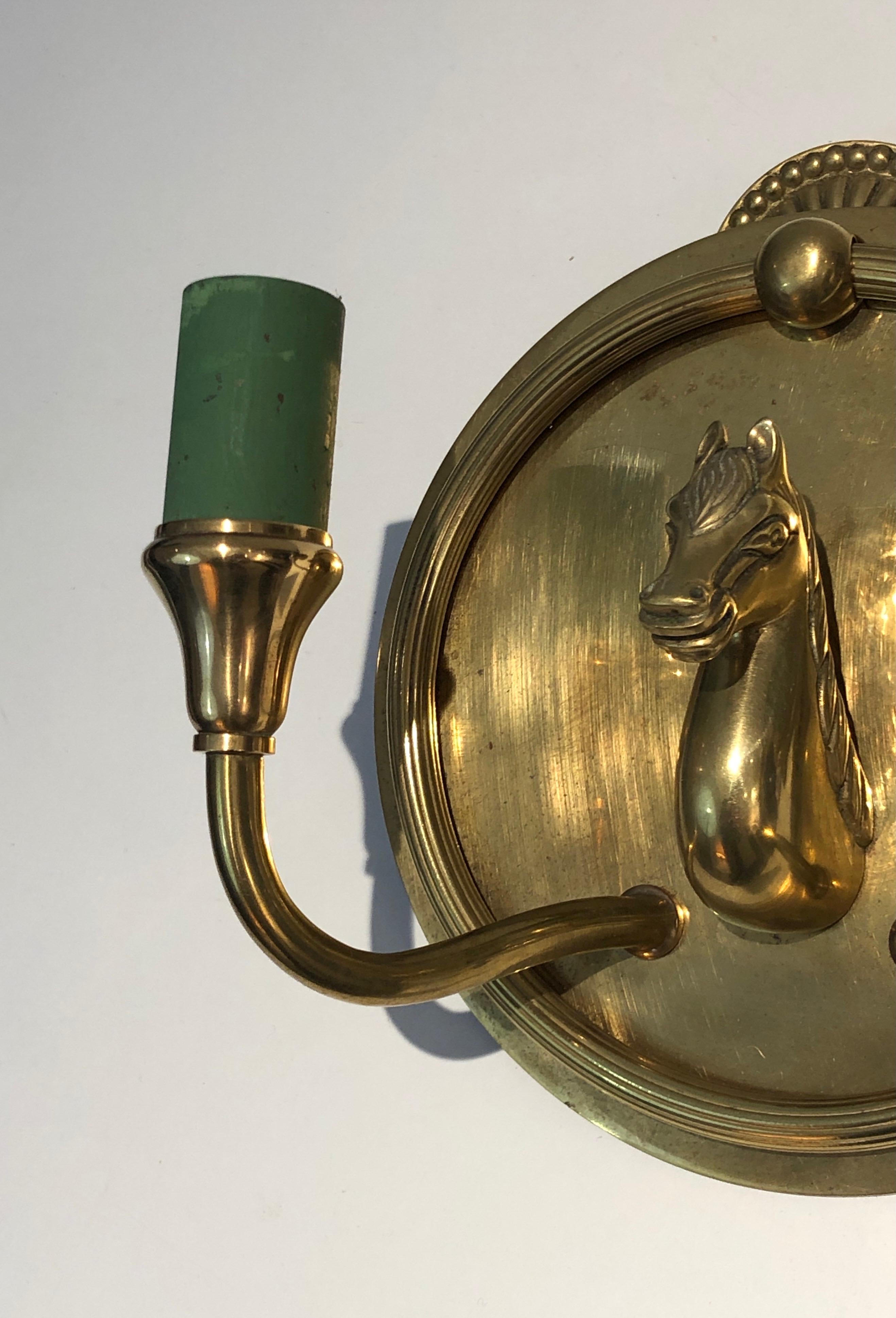 Mid-20th Century Pair of Horse Heads Bronze Wall Sconces in the Style of Maison Charles For Sale