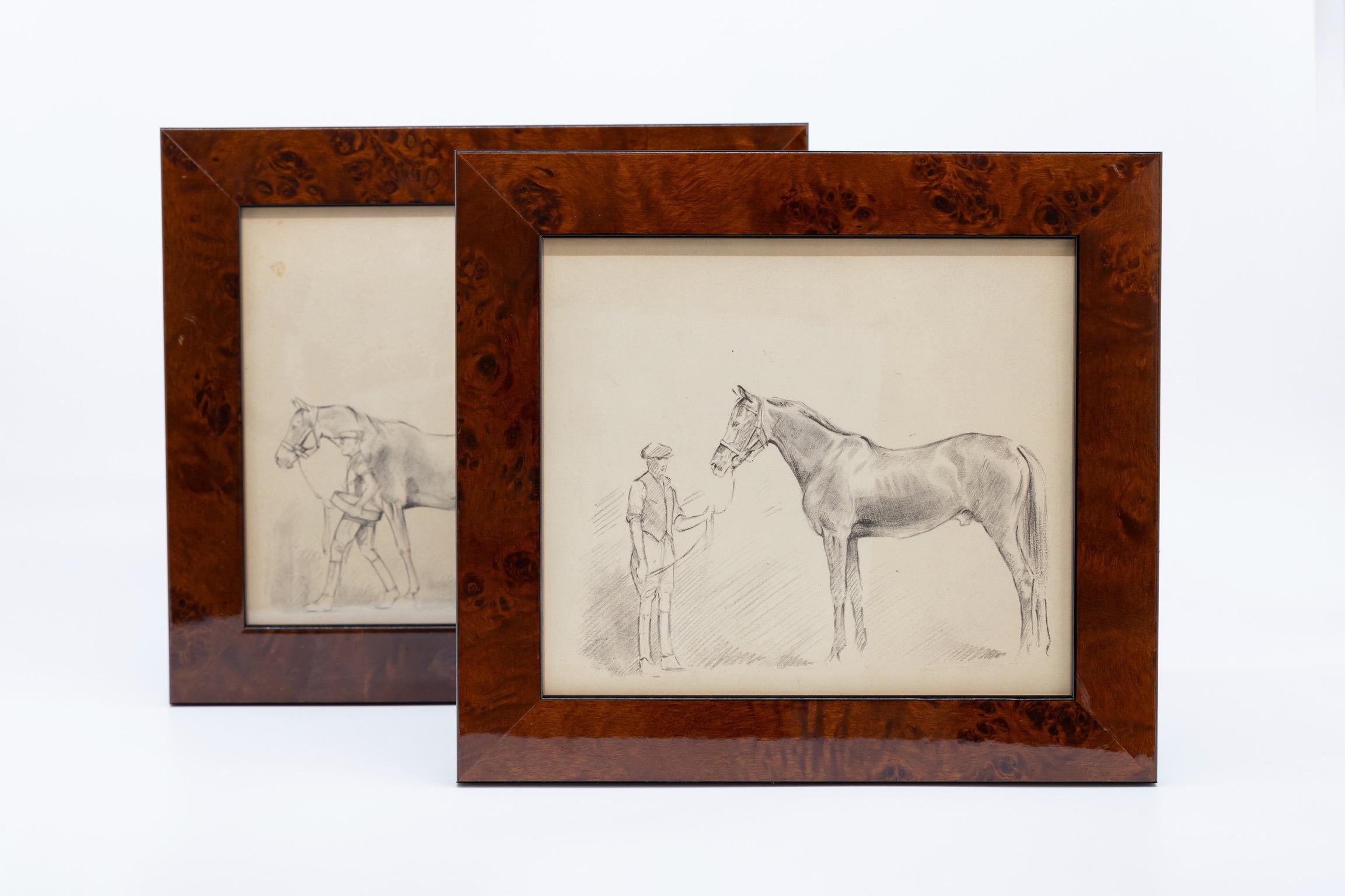 A pair of sketches depicting horses and their caretaker. Beautifully rendered, you can see the subtle shading of the horses, simply drawn. In one of the sketches, the foal follows its mother and the handler. In the second work, the handler is
