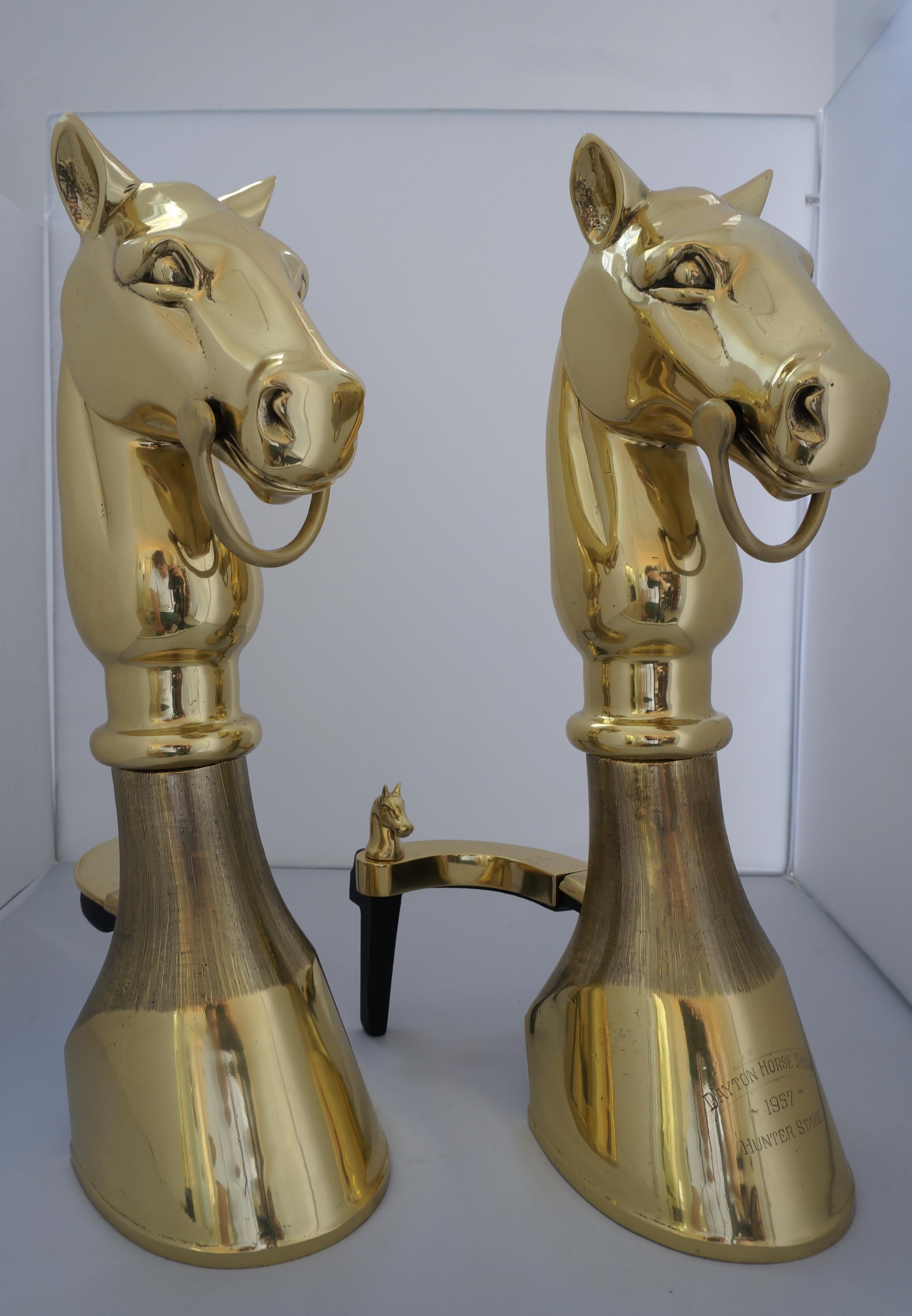 Sporting Art Pair of Horse Trophy Brass Chenets