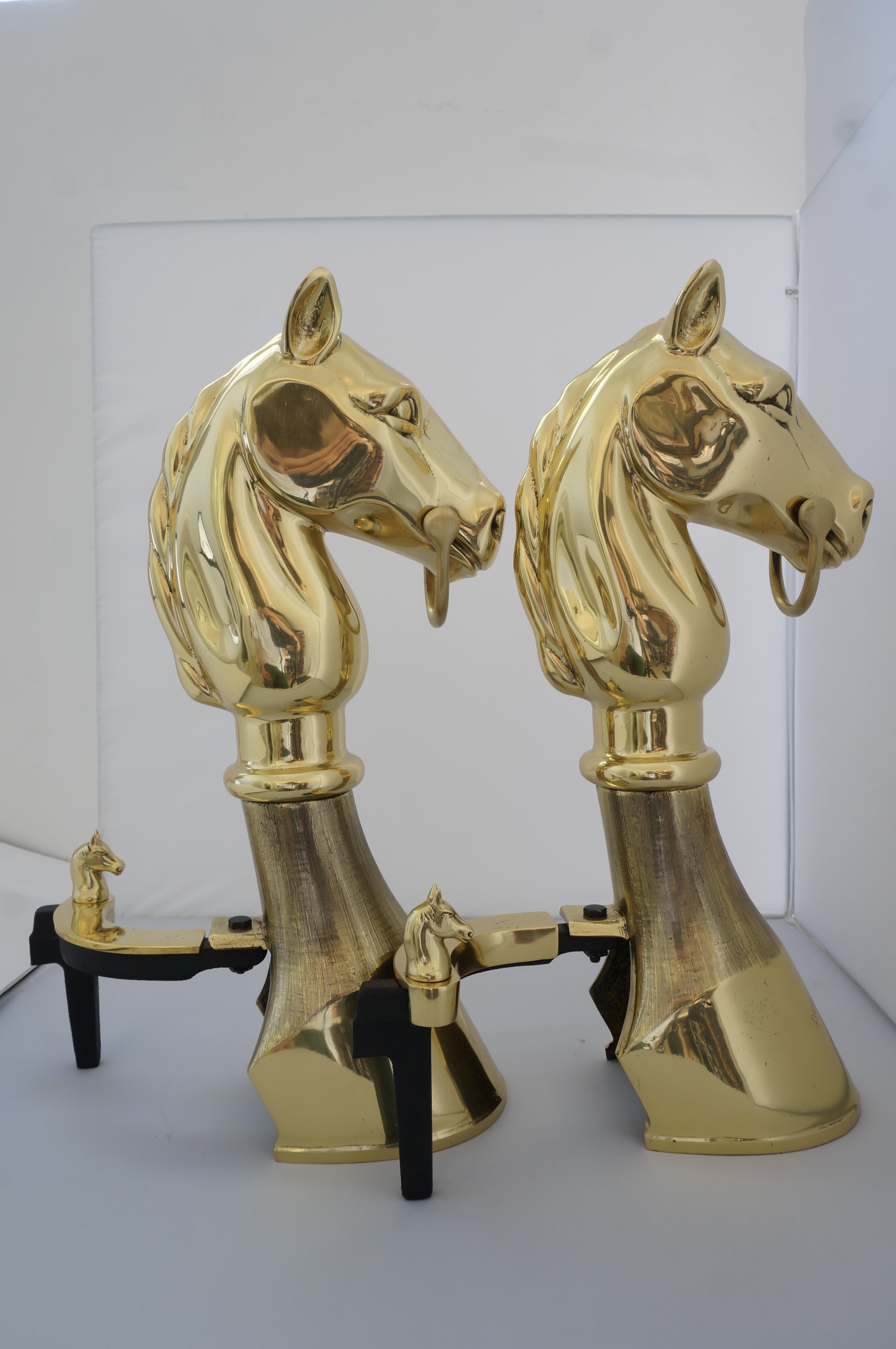 Polished Pair of Horse Trophy Brass Chenets