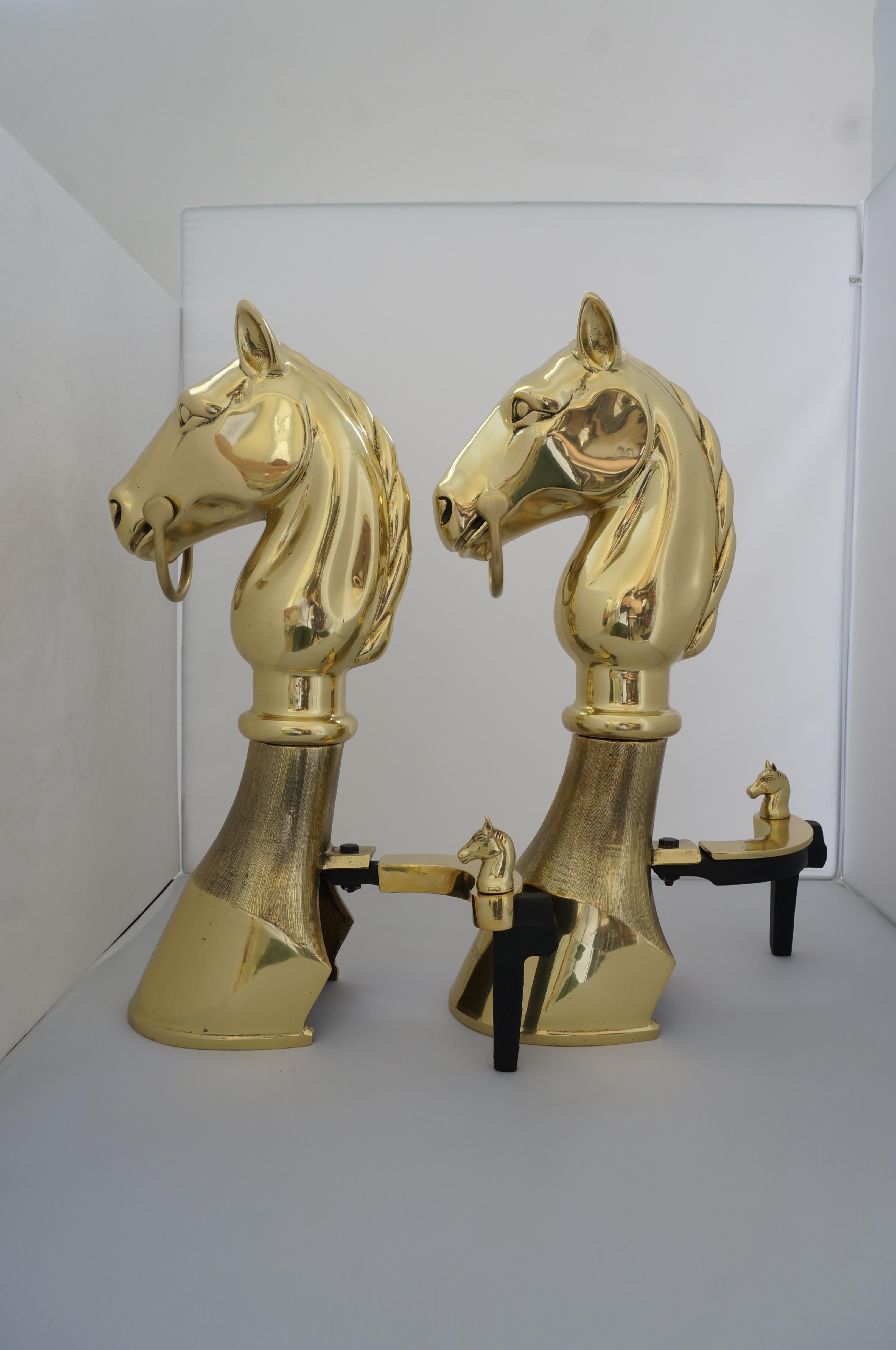 Pair of Horse Trophy Brass Chenets In Good Condition In West Palm Beach, FL