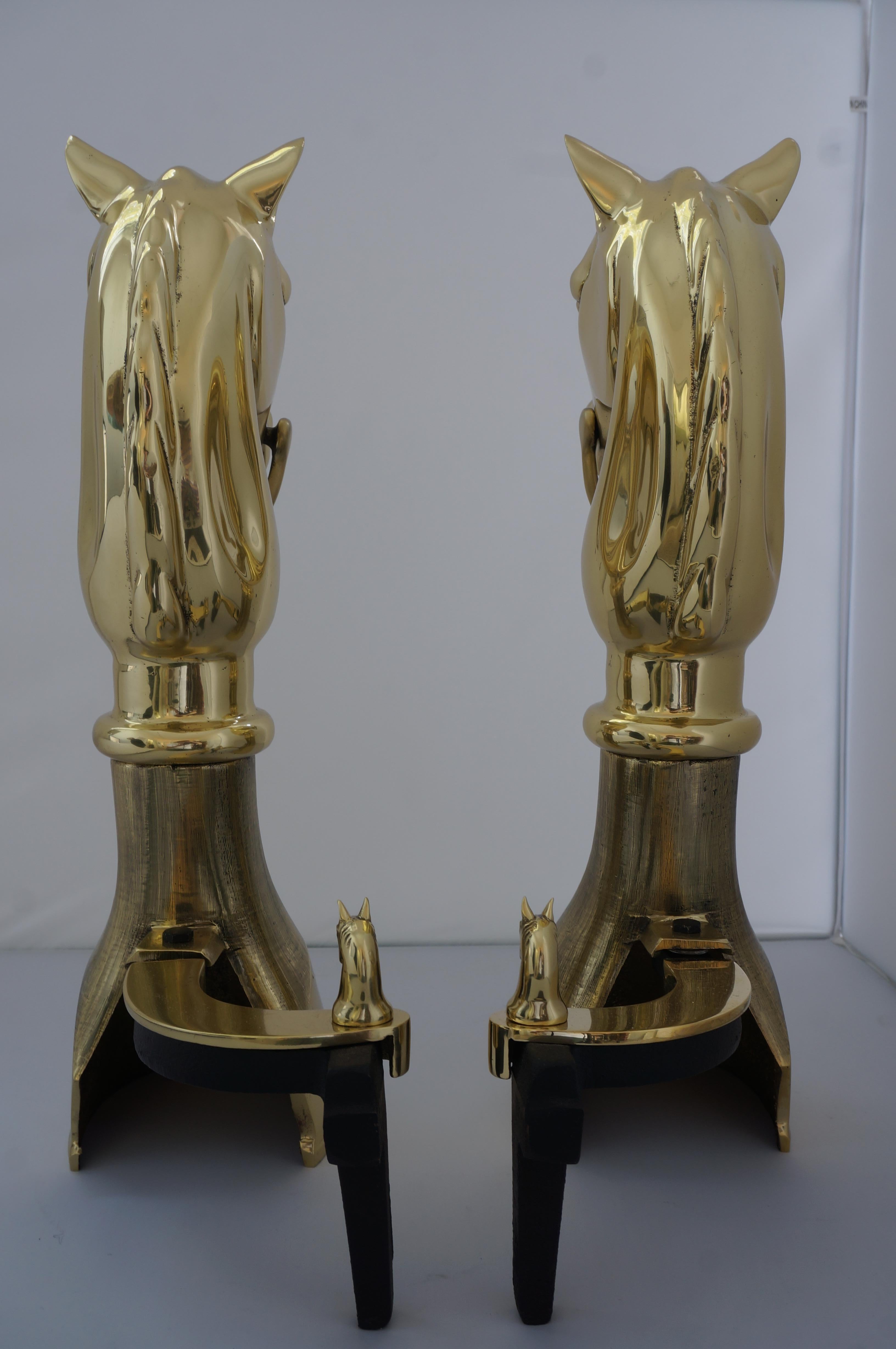 20th Century Pair of Horse Trophy Brass Chenets