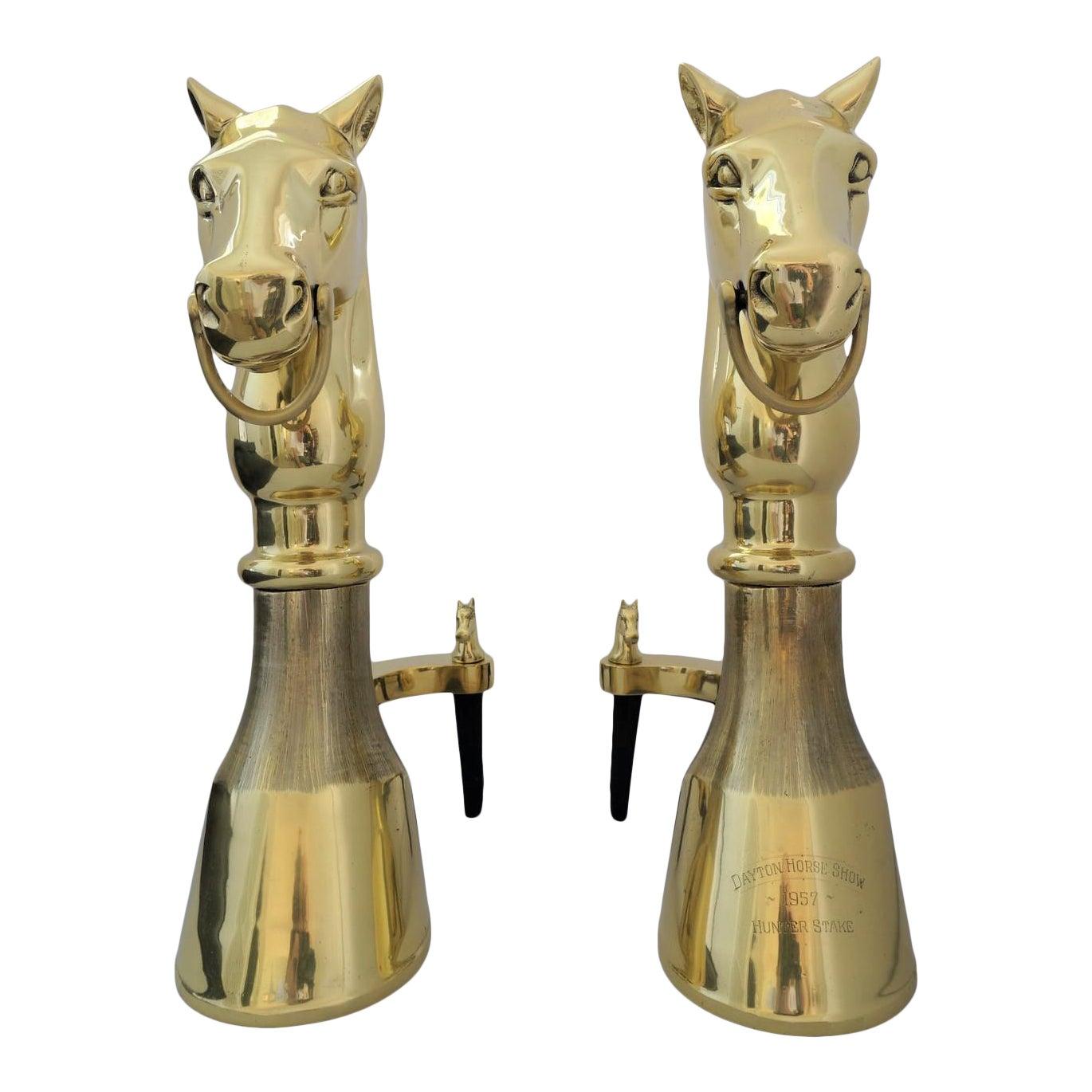 Pair of Horse Trophy Brass Chenets