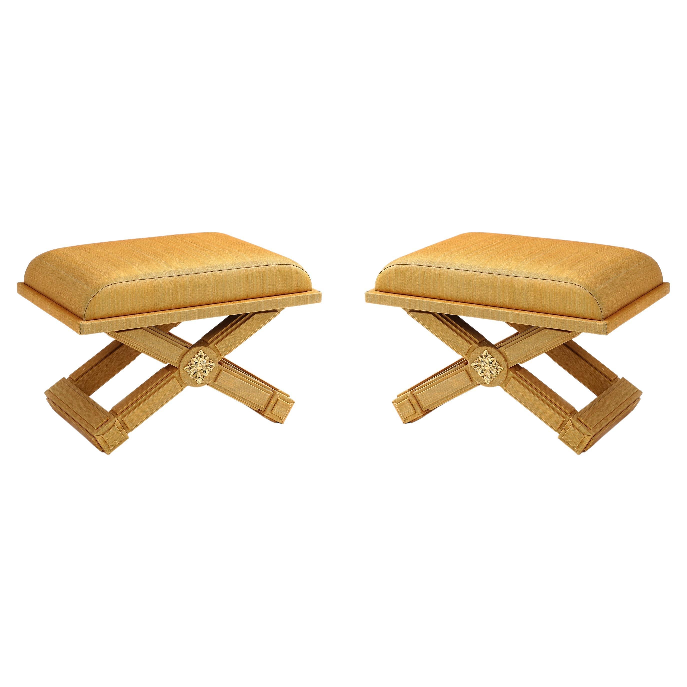 Pair of Horsehair Upholstered X-Form Benches