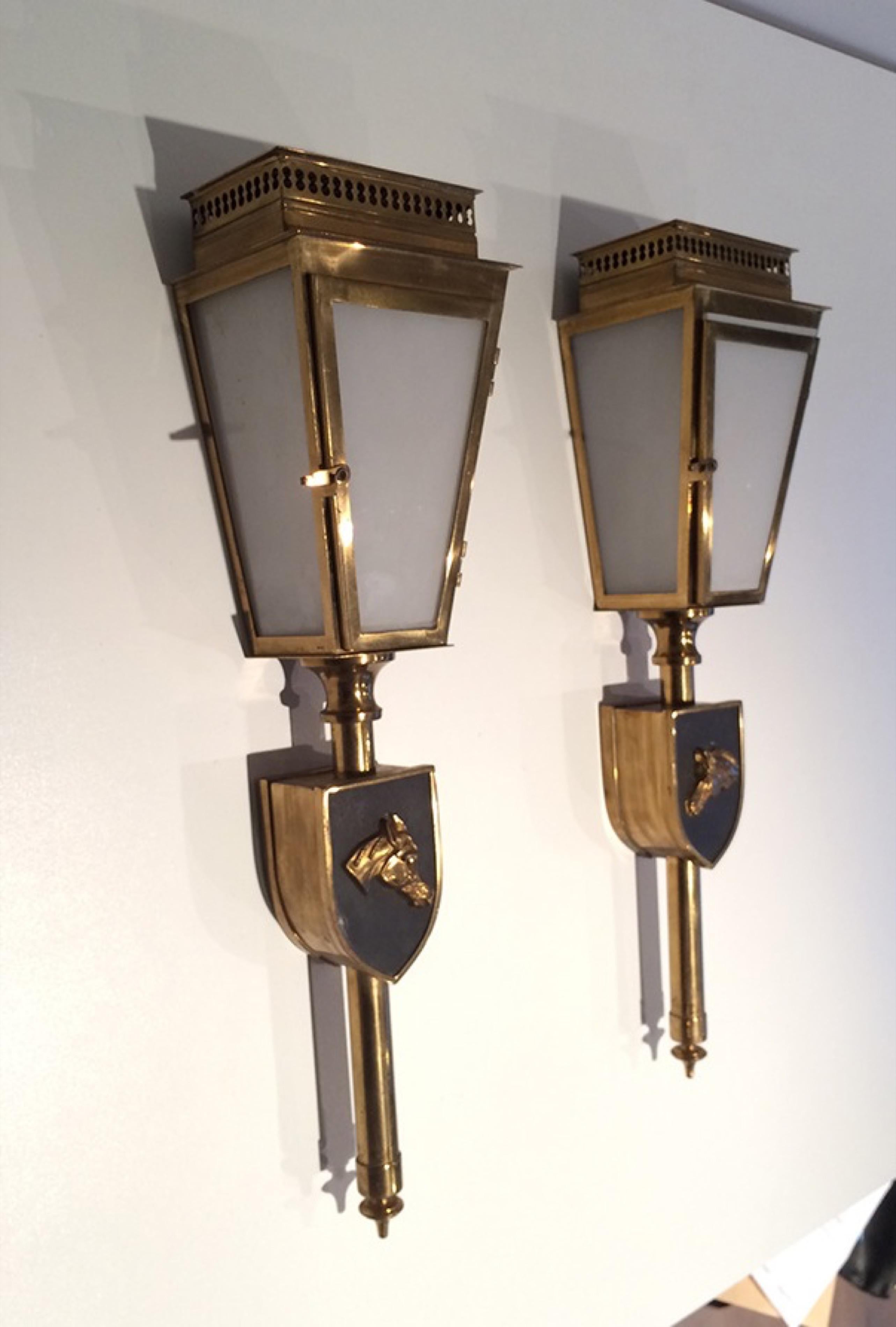 Pair of Horses Brass, Black Lacquered and Glass Lanterns, Circa 1950 For Sale 4