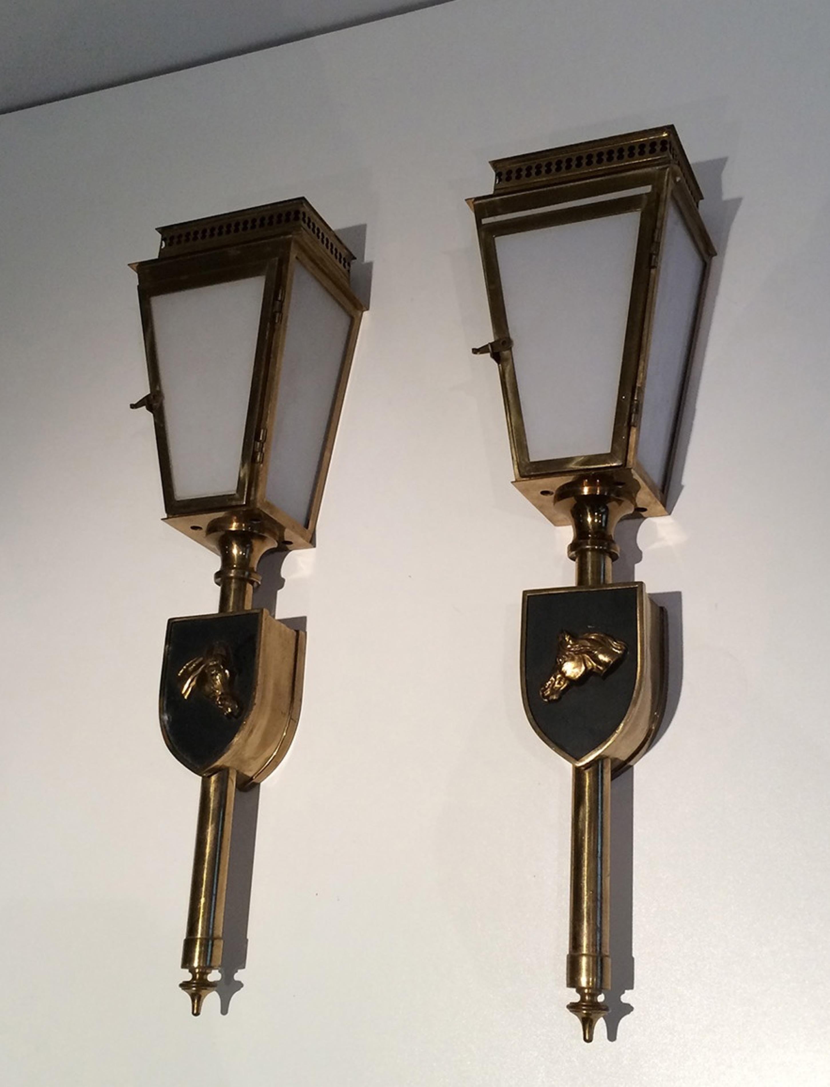 Pair of Horses Brass, Black Lacquered and Glass Lanterns, Circa 1950 For Sale 5