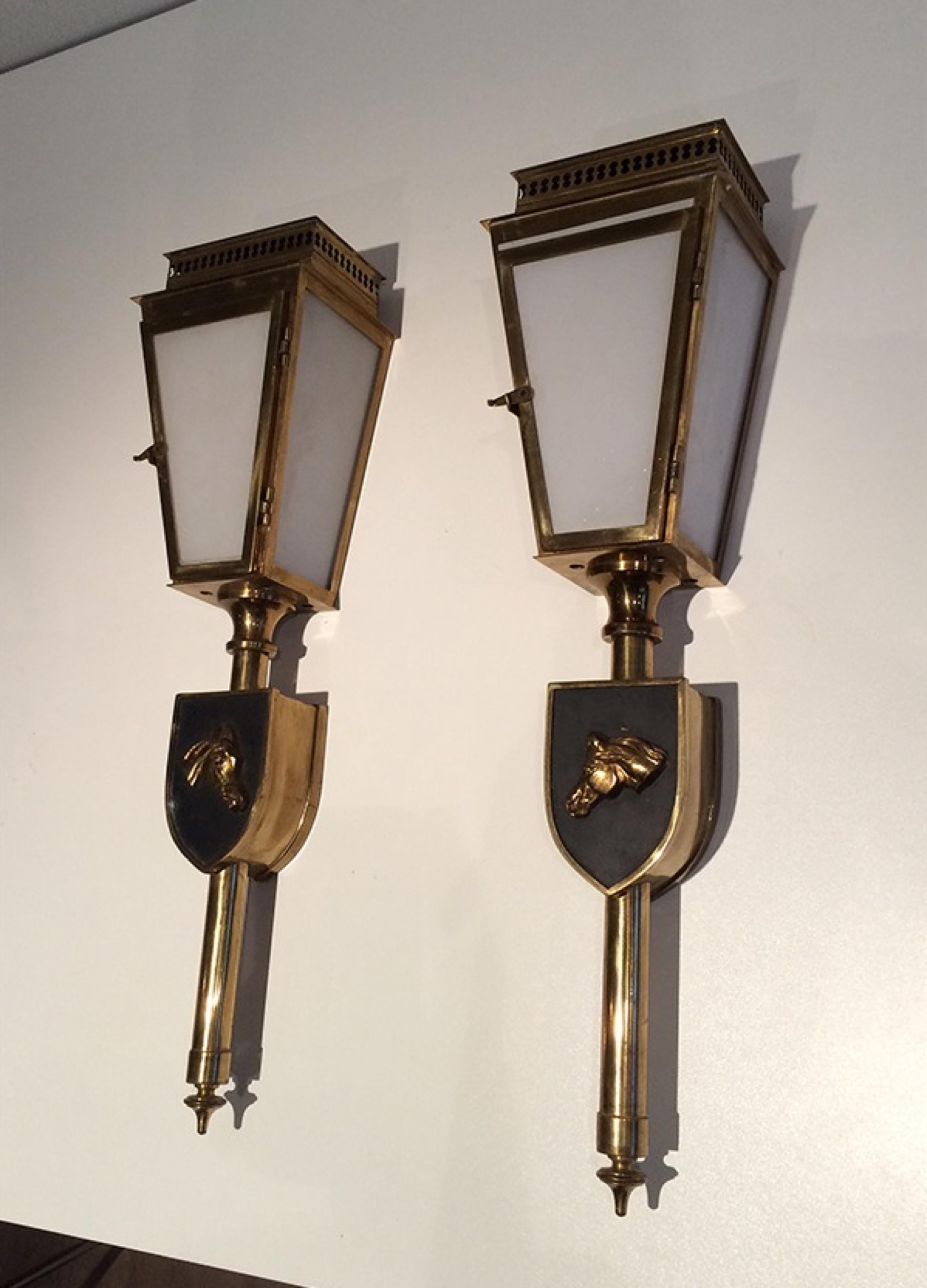 Pair of Horses Brass, Black Lacquered and Glass Lanterns, Circa 1950 For Sale 6