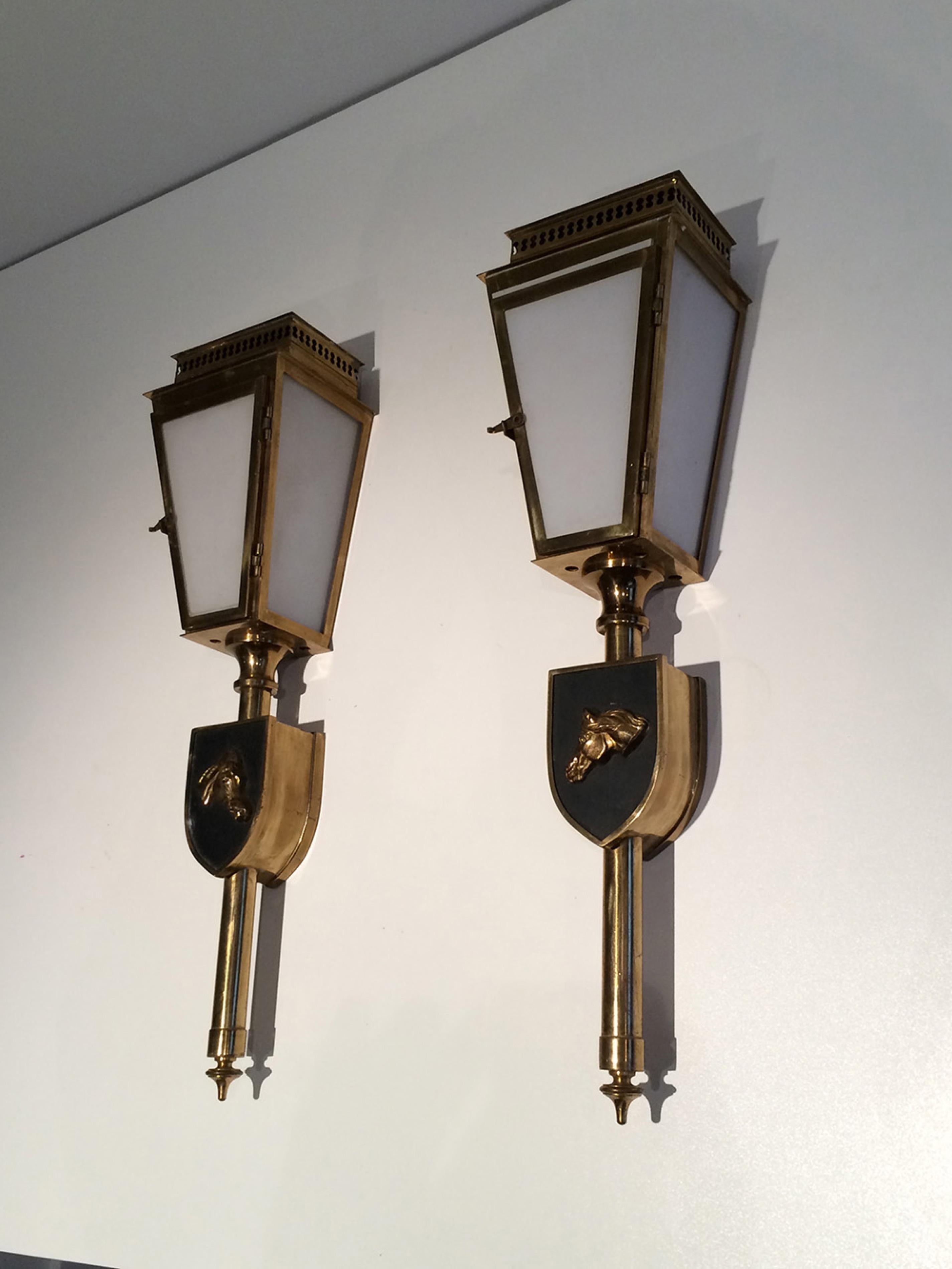 Mid-Century Modern Pair of Horses Brass, Black Lacquered and Glass Lanterns, Circa 1950 For Sale